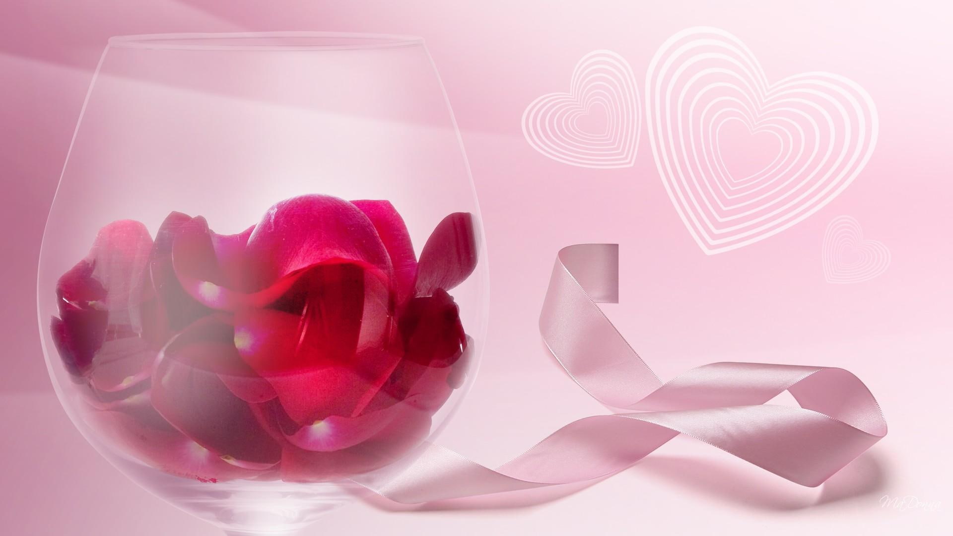 ribbon, glass, valentines day, flowers, rose, pink, summer, 1080P, firefox persona, hearts, 3d and abstract, HD Wallpaper