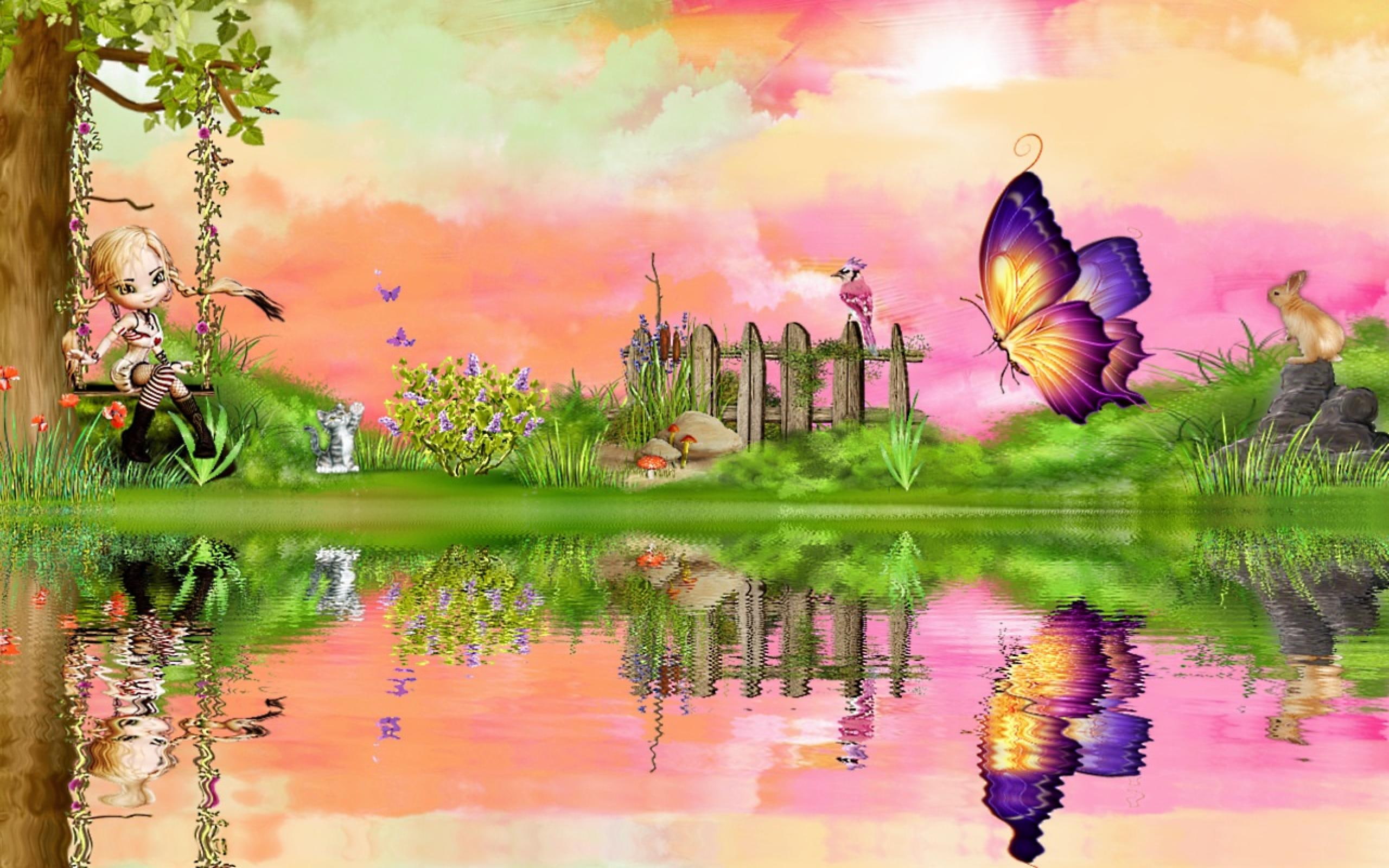fence, spring, leaves, summer, girls, 2K, cute, seasons, water, flowers, reflections, trees, beautiful, lovely, artistic, digi, HD Wallpaper