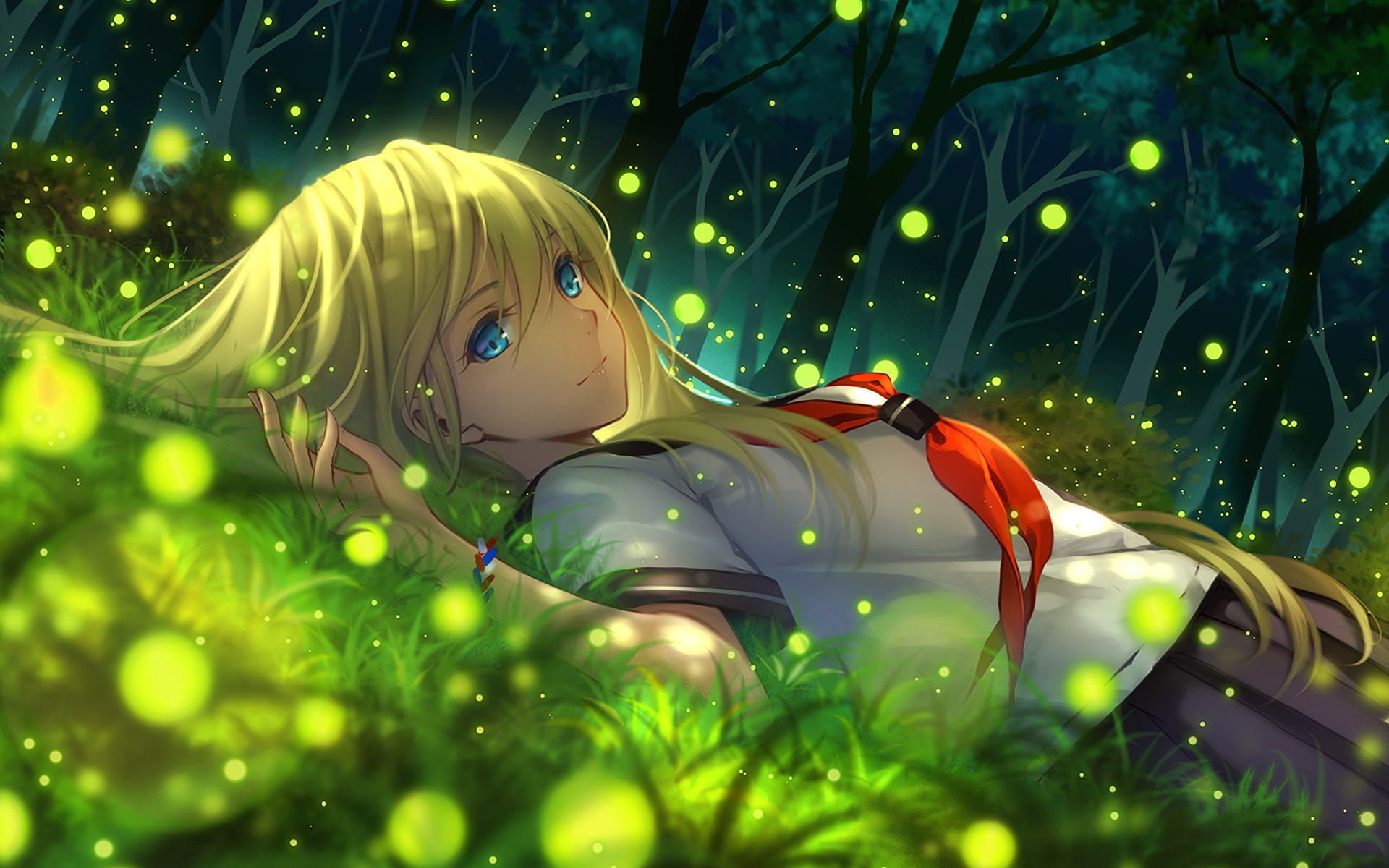 anime girls, blue eyes, trees, blonde, Everlasting Summer, artwork, anime, grass, 1080P, school uniform, HD Wallpaper