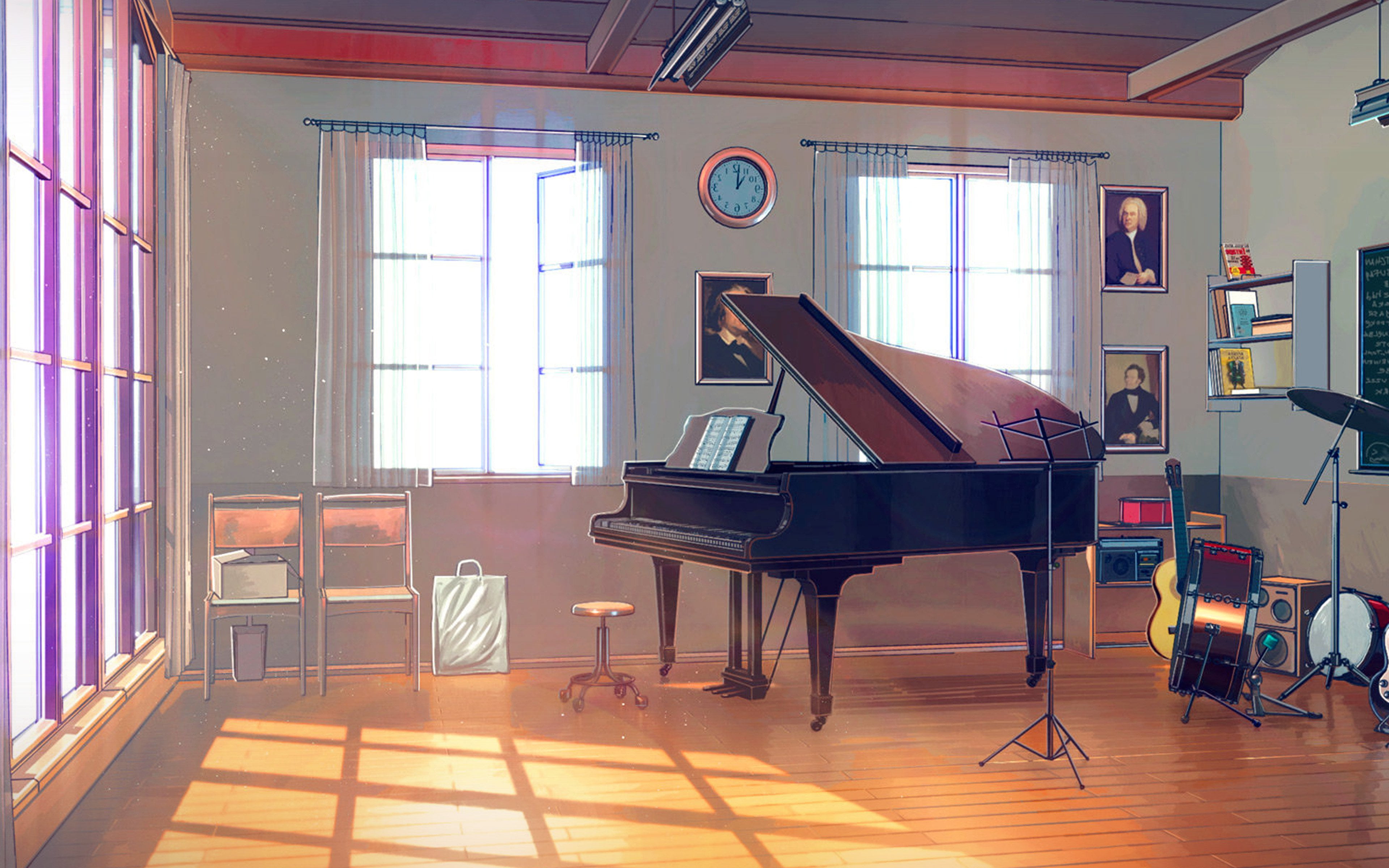 absence, seat, indoors, office, musical equipment, table, wood, window, sunlight, 4K, home interior, flooring, no people, chair, room, furniture, blue, HD Wallpaper