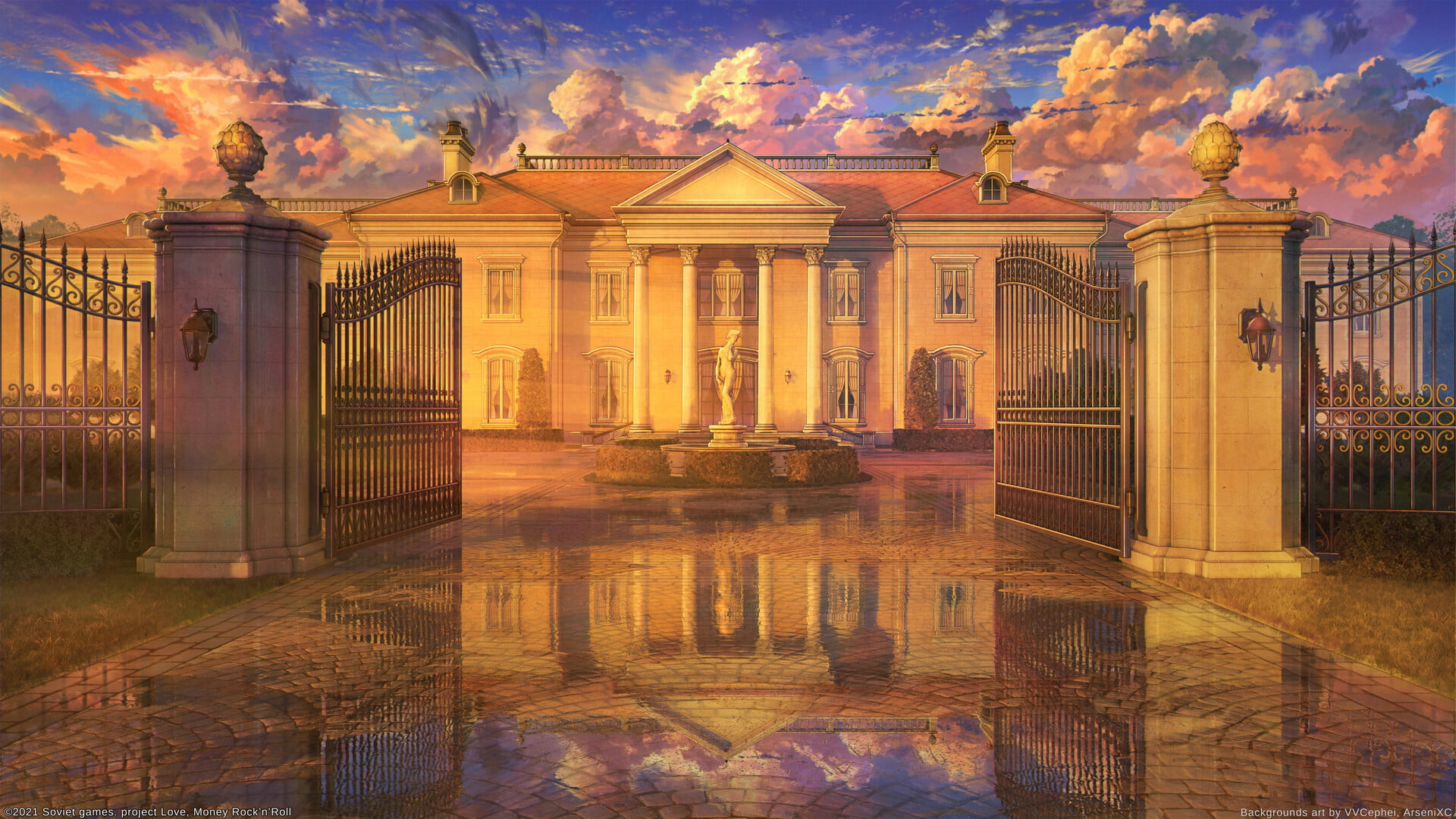 gates, Microsoft Windows, digital art, 1080P, reflection, mansion, Arseniy Chebynkin, statue, clouds, fountain, HD Wallpaper