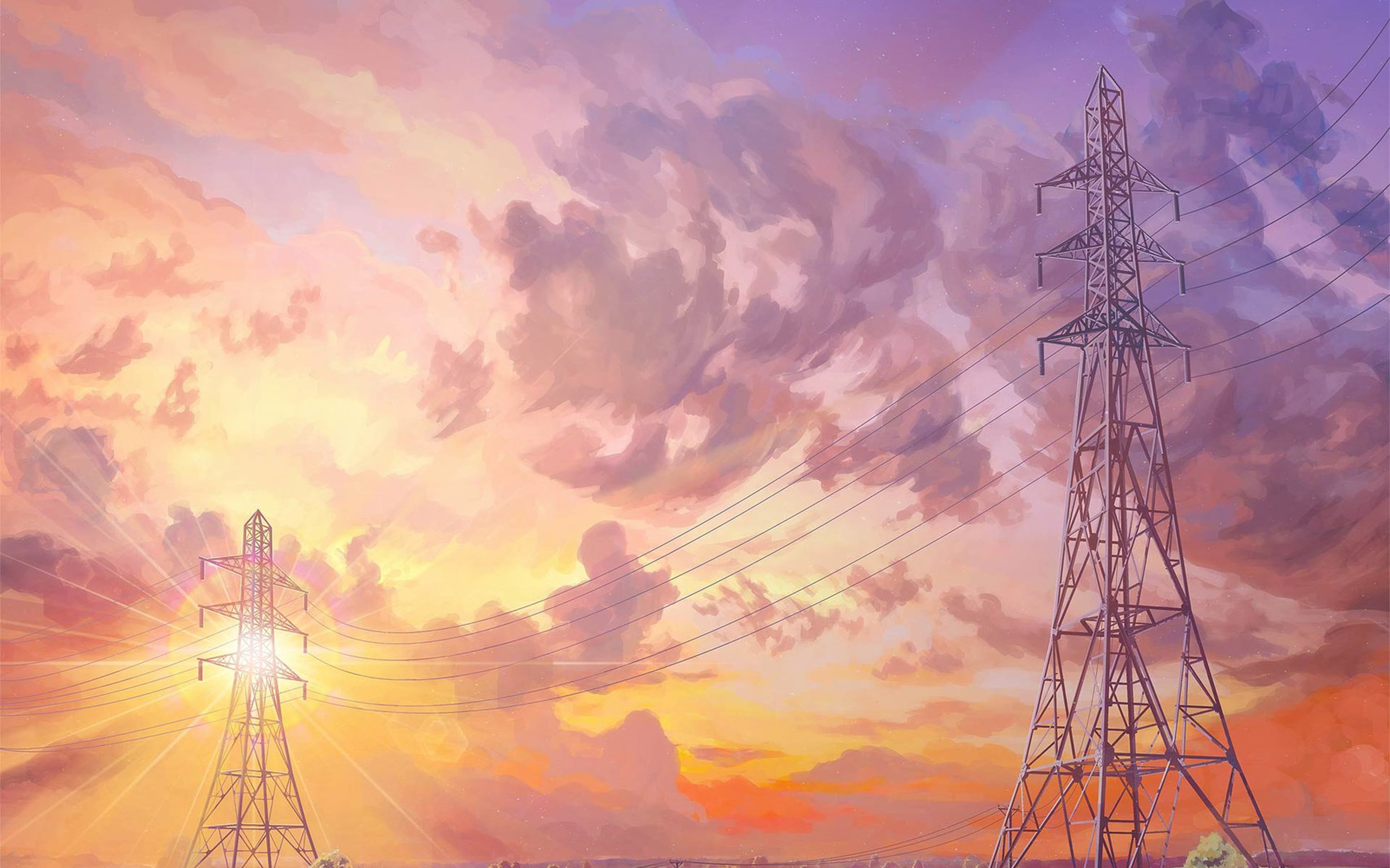 4K, electricity, cloud - sky, chebynkin, nature, outdoors, global communications, art, electricity pylon, beauty in nature, cable, romantic sky, sky, illustration, HD Wallpaper