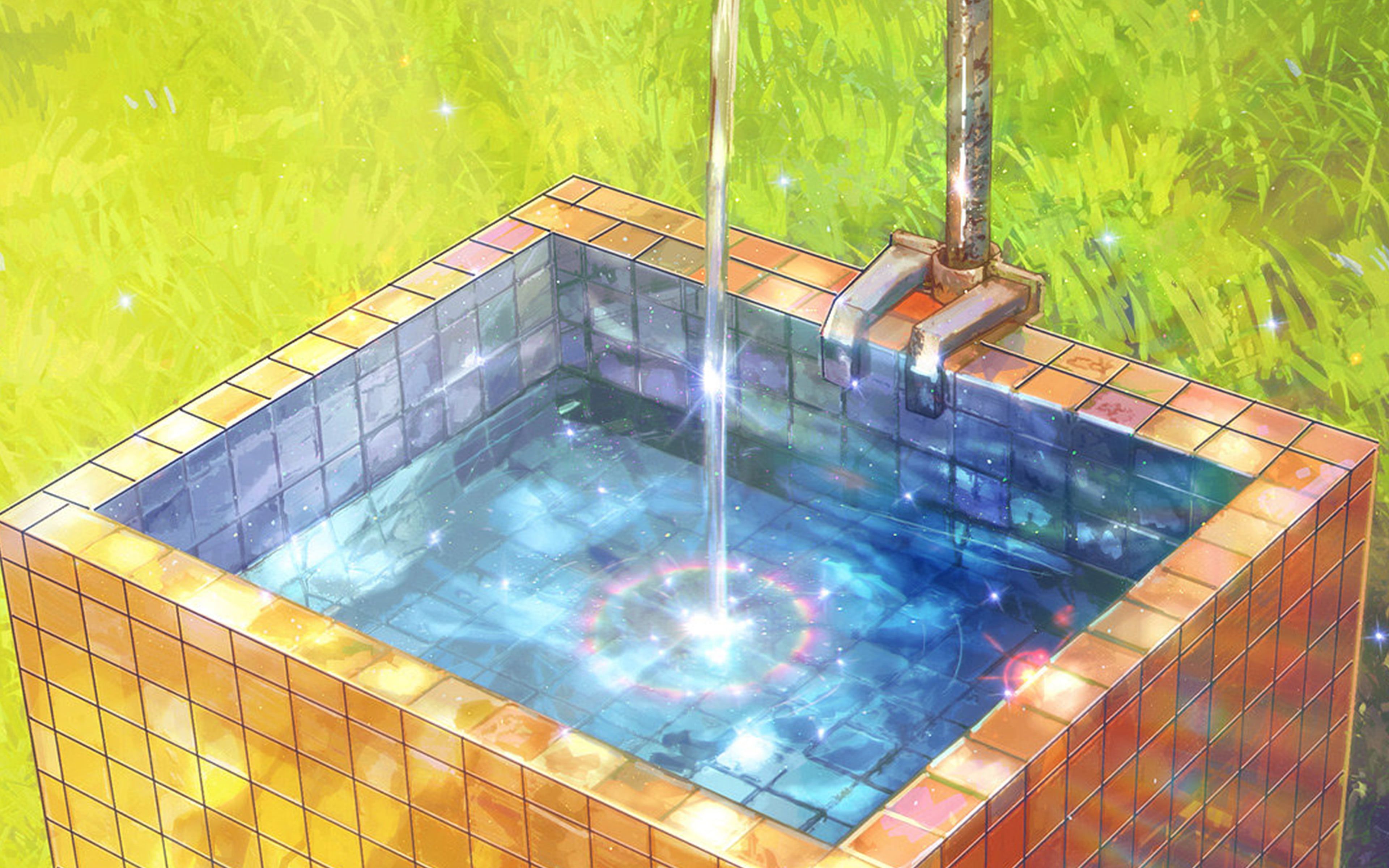 water, pool, spa, day, anime, high angle view, poolside, color, no people, sunlight, relaxation, swimming pool, reflection, wet, tile, plant, art, flooring, HD Wallpaper