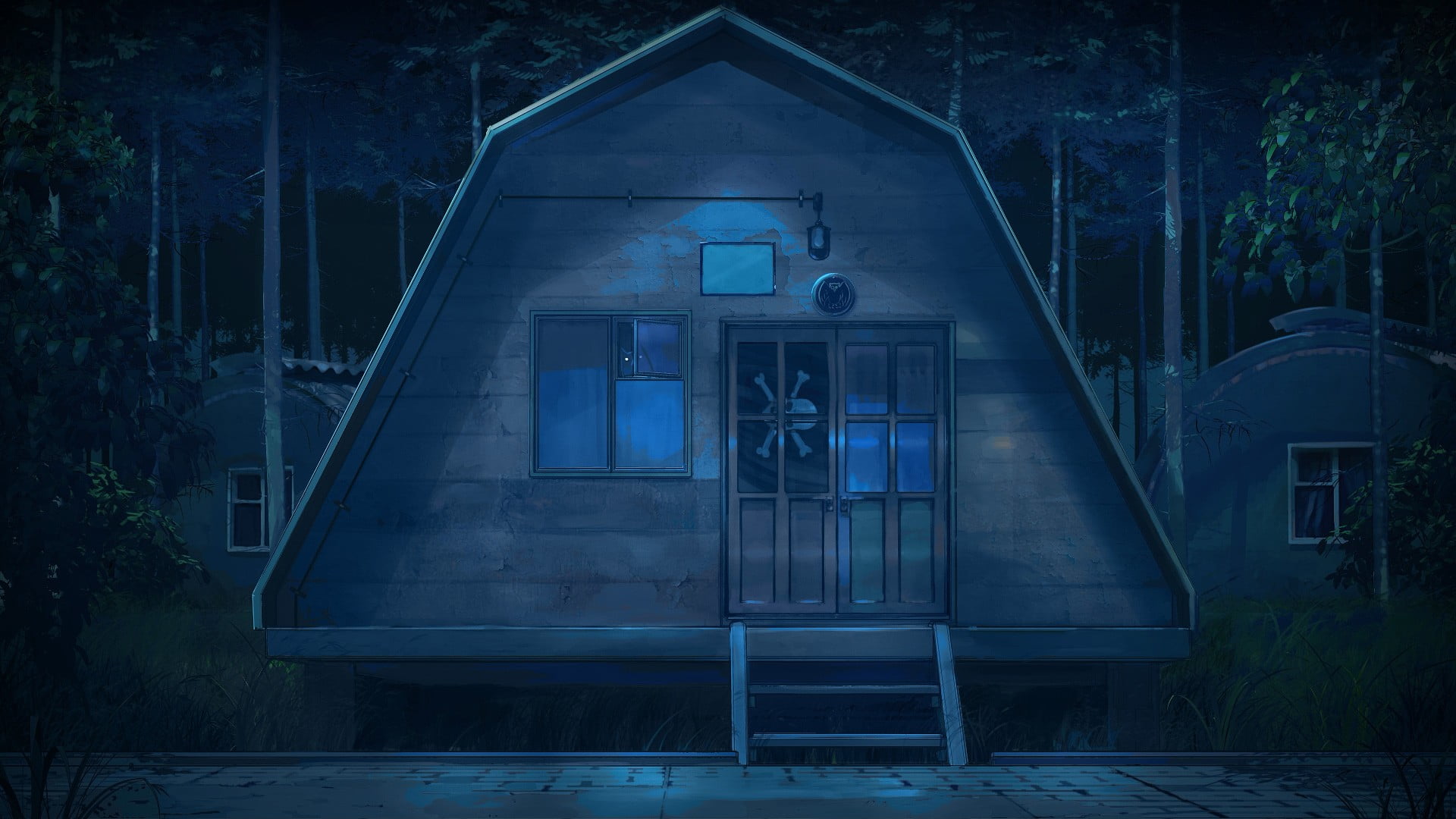 absence, wooden, architecture, dusk, brown, transparent, outdoors, night, building, spooky, staircase, house, skull and bones, glass - material, 1080P, HD Wallpaper