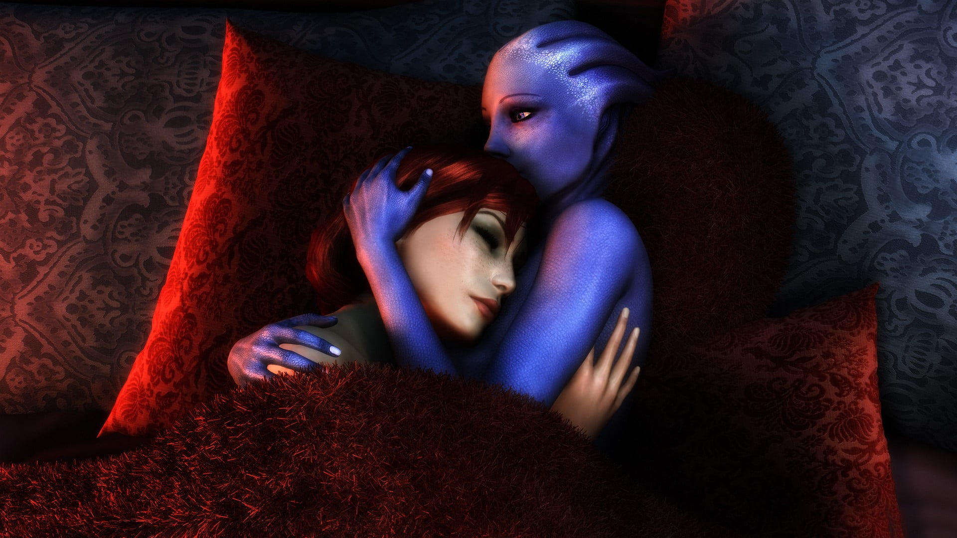 lying down, contemplation, emotion, in bed, alien, lesbians, beautiful woman, heterosexual couple, people, hugging, portrait, 1080P, couple - relationship, HD Wallpaper