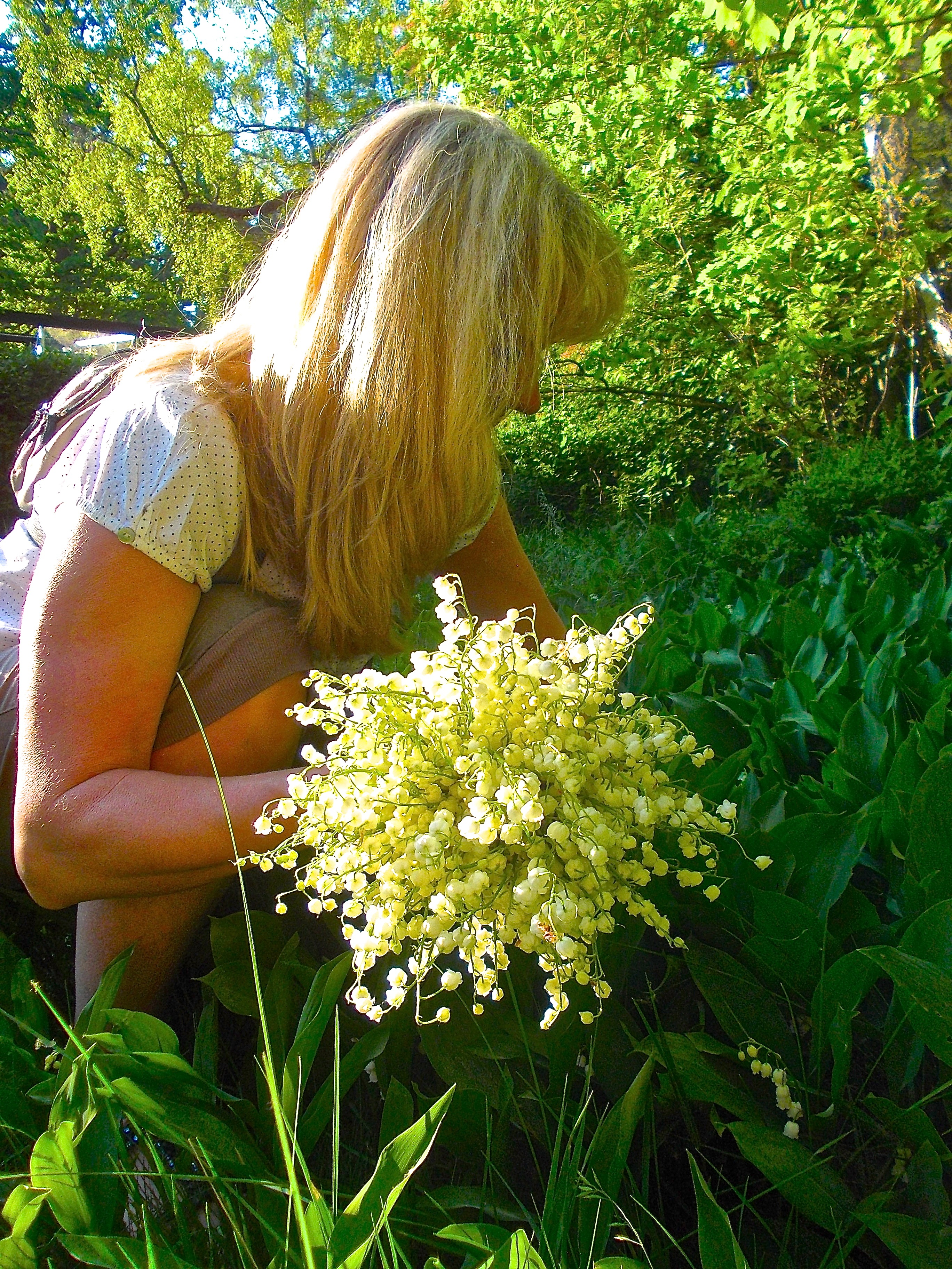 outdoors, real people, smith ant forest, flower pickers, one Person, blond hair, young Adult, day, people, forest glade, 2K, women, lilies of the valley, Phone HD Wallpaper