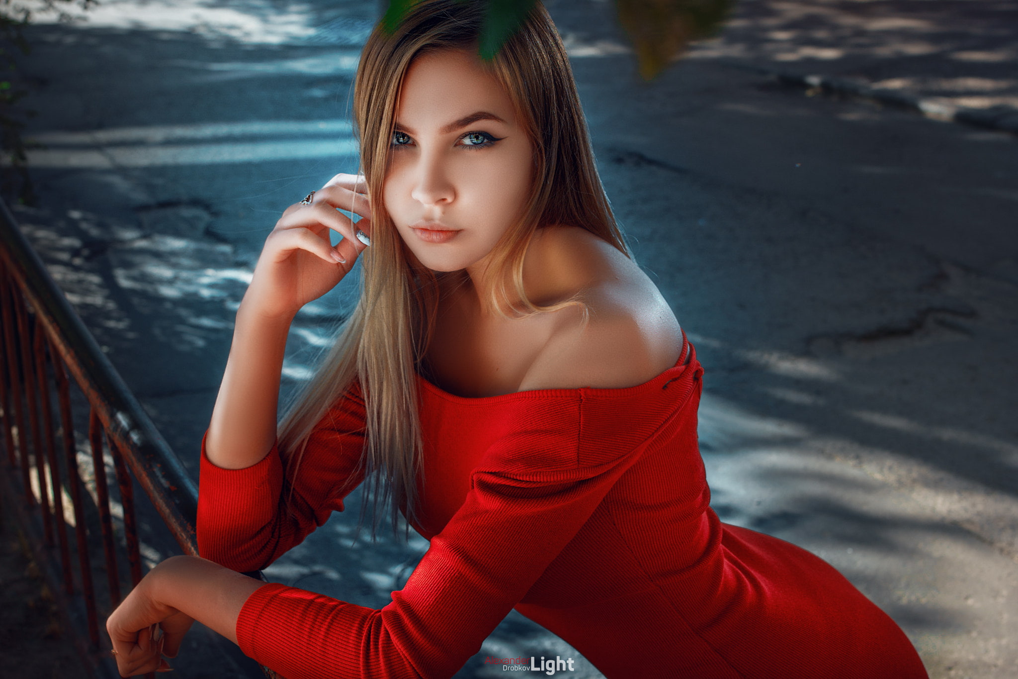 looking at viewer, real people, clothing, 1080P, women outdoors, women, hairstyle, model, young women, Alexander Drobkov, red dress, looking at camera, HD Wallpaper