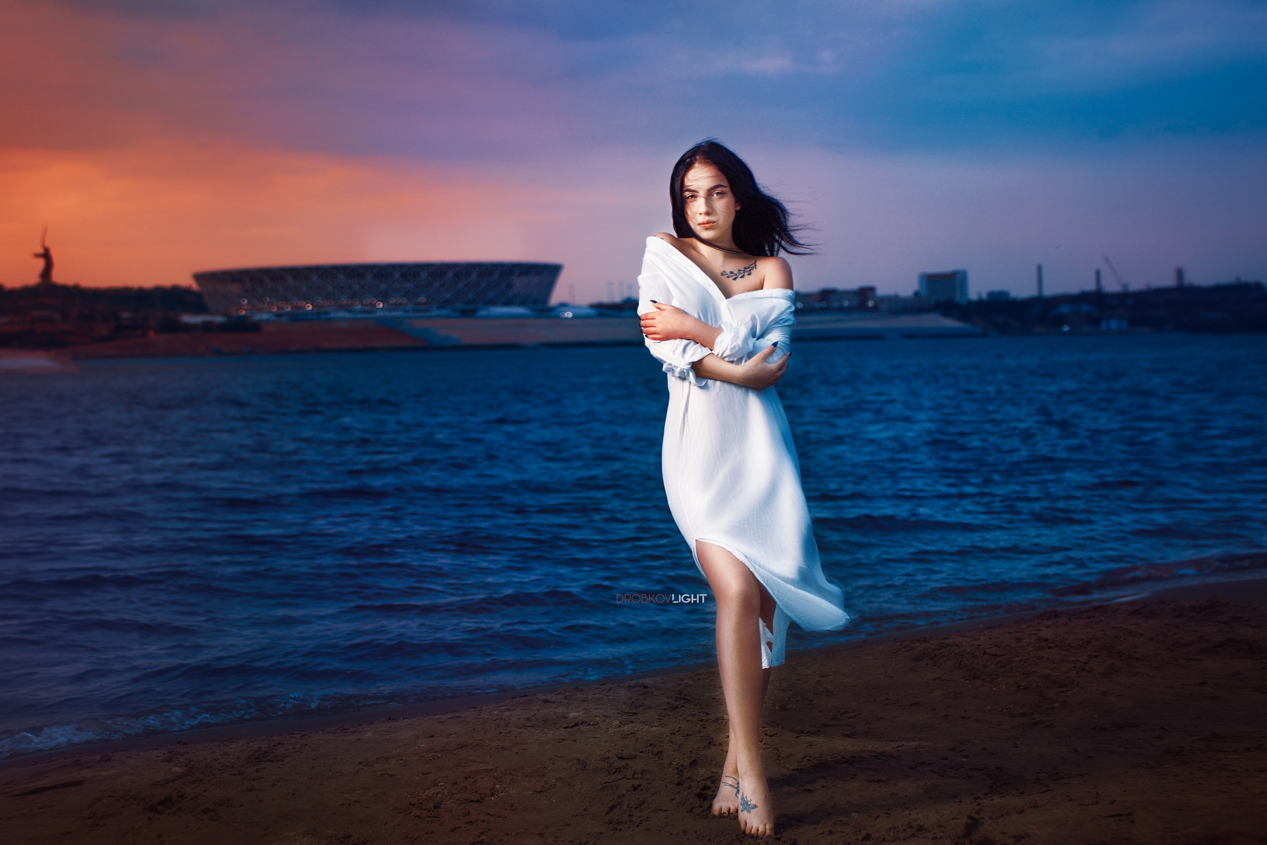 young adult, portrait, tattoo, casual clothing, windy, one person, adult, sea, front view, Alexander Drobkov, standing, women, full length, leisure activity, HD Wallpaper