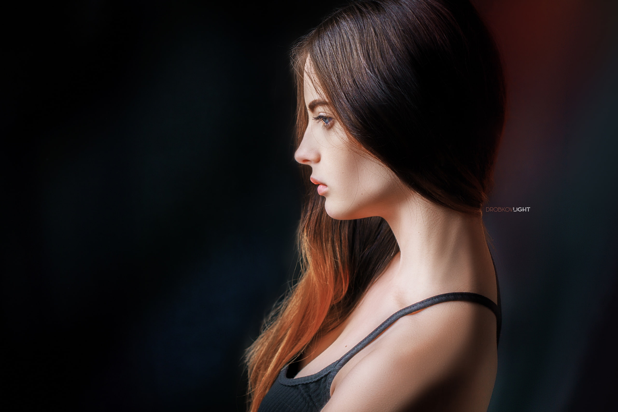 Eva Lapenko, women, brunette, women indoors, 2K, profile, tank top, model, depth of field, dark background, indoors, long hair, Alexander Drobkov, portrait, HD Wallpaper