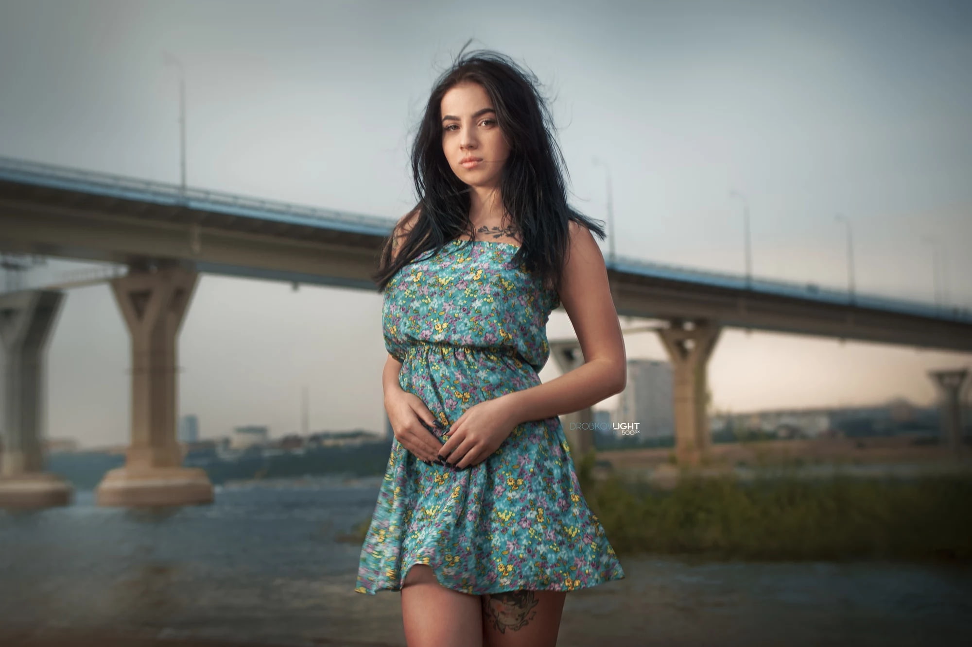 brunette, girl, bridge, Angelina, 1080P, tattoo, Alexander Drobkov-Light, dress, HD Wallpaper