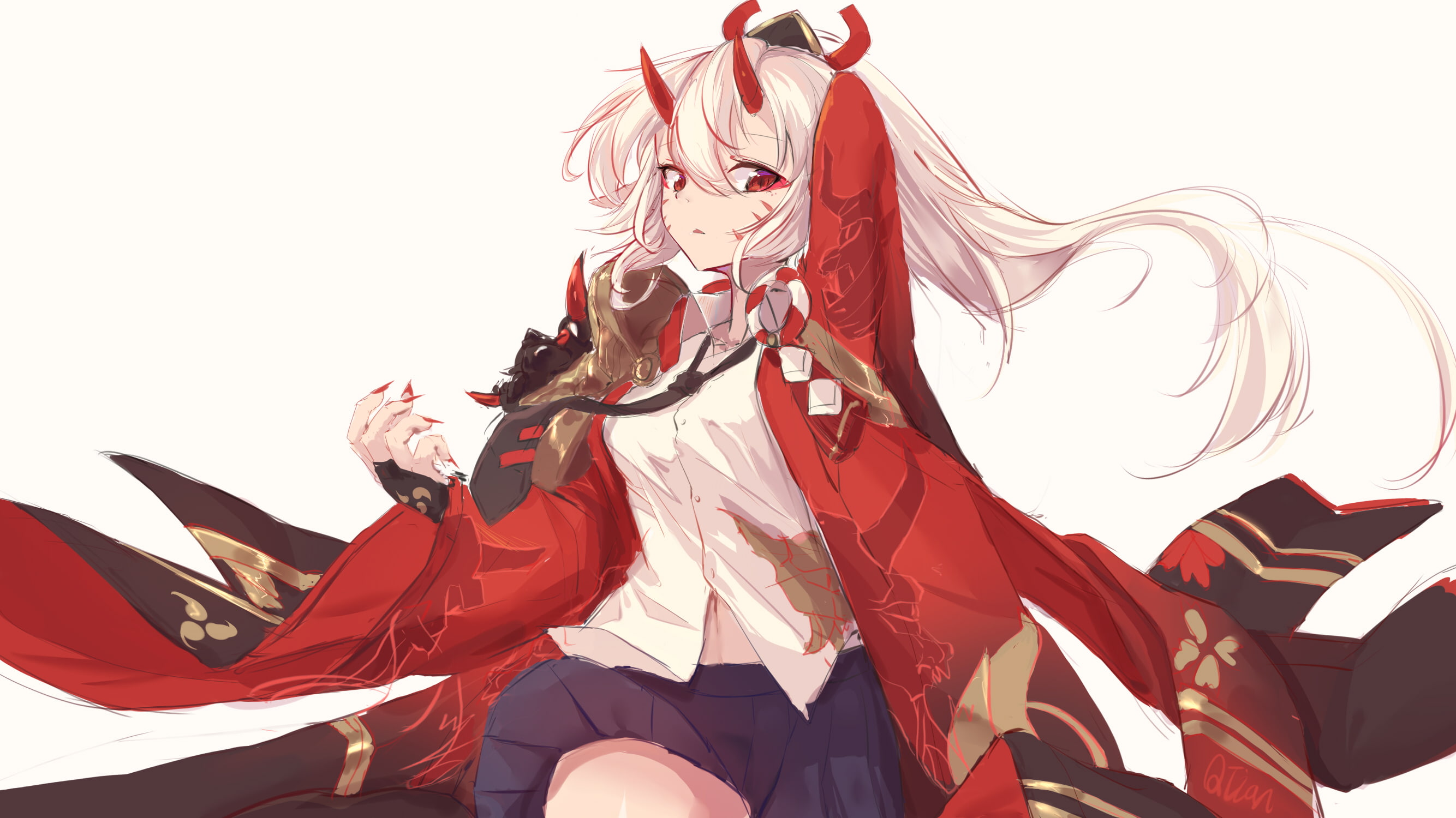 red eyes, painted nails, QTian, anime girls, simple background, horns, miniskirt, 2K, anime, white background, tie, HD Wallpaper