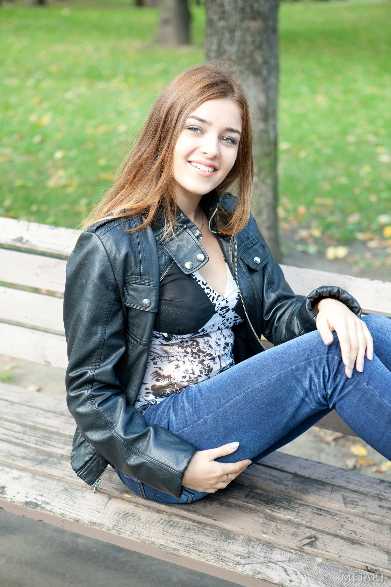 MetArt Magazine, long hair, bench, Adriana F, model, 1080P, sitting, Adriana Morriss, brunette, looking at viewer, smiling, black jackets, leather jackets, Phone HD Wallpaper