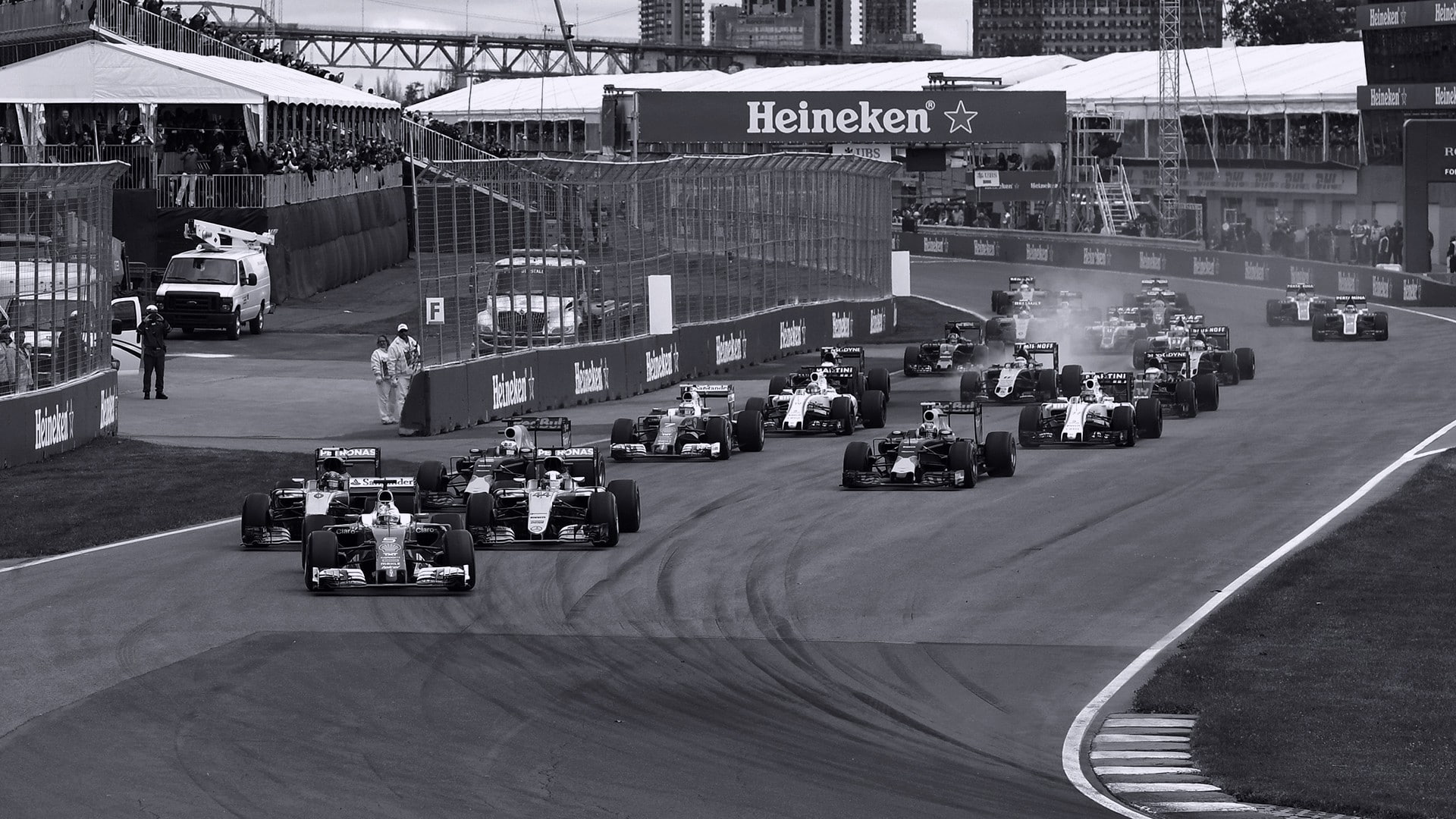 sport, 1080P, race tracks, car, monochrome, vehicle, Ferrari F1, Mercedes F1, Formula 1, race cars, sports, Canada, HD Wallpaper