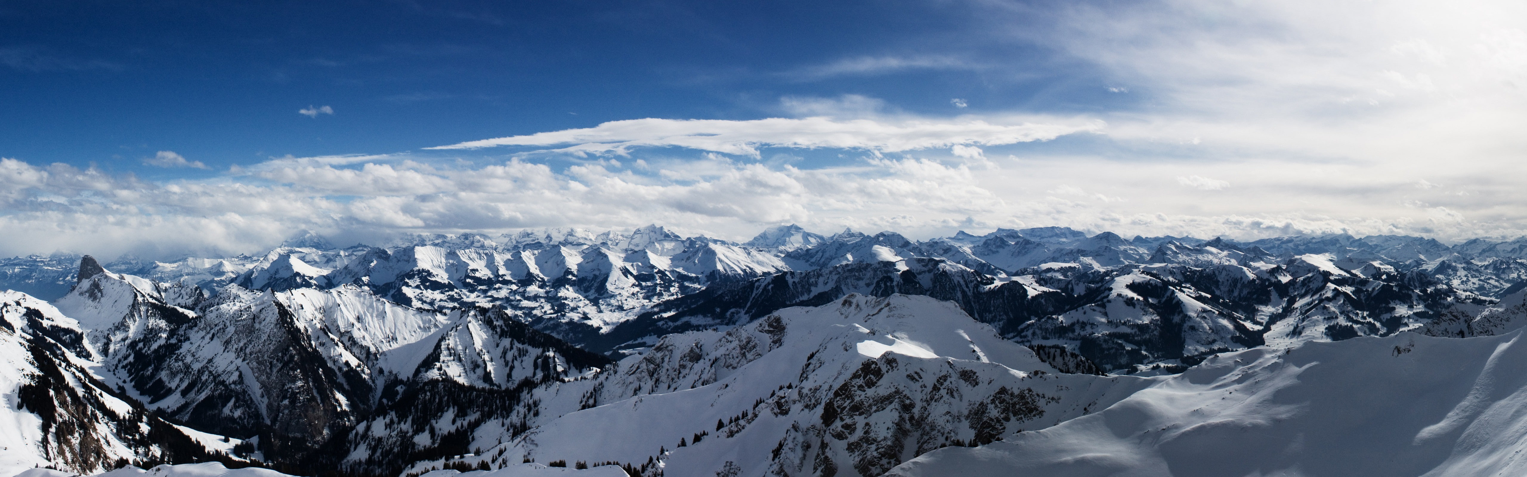 horizon, snow, mountains, 5K, clouds, landscape, dual display, nature, sky, HD Wallpaper