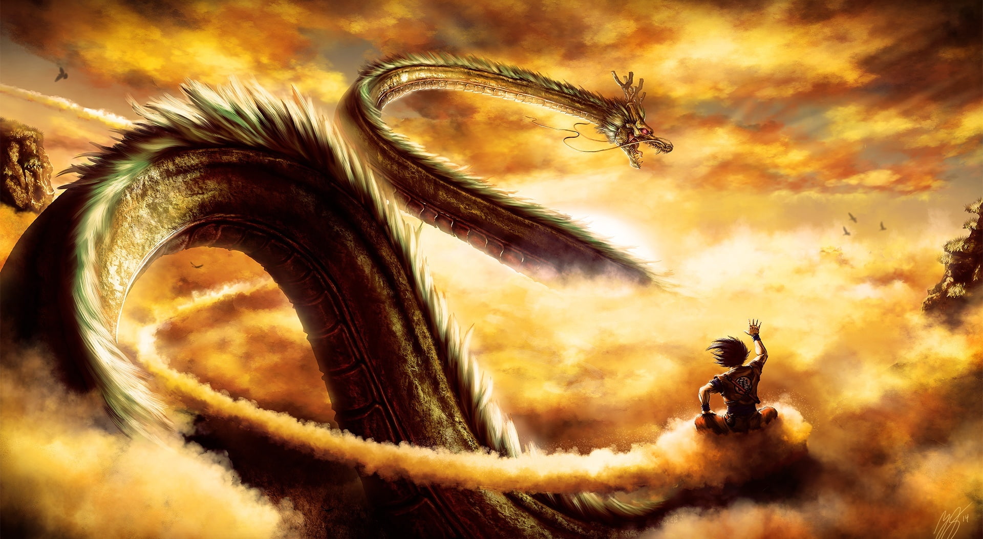 transportation, nature, dragon, realistic, man, outdoors, 1080P, cloud - sky, low angle view, one person, amusement park, nube, sky, goku, master, HD Wallpaper