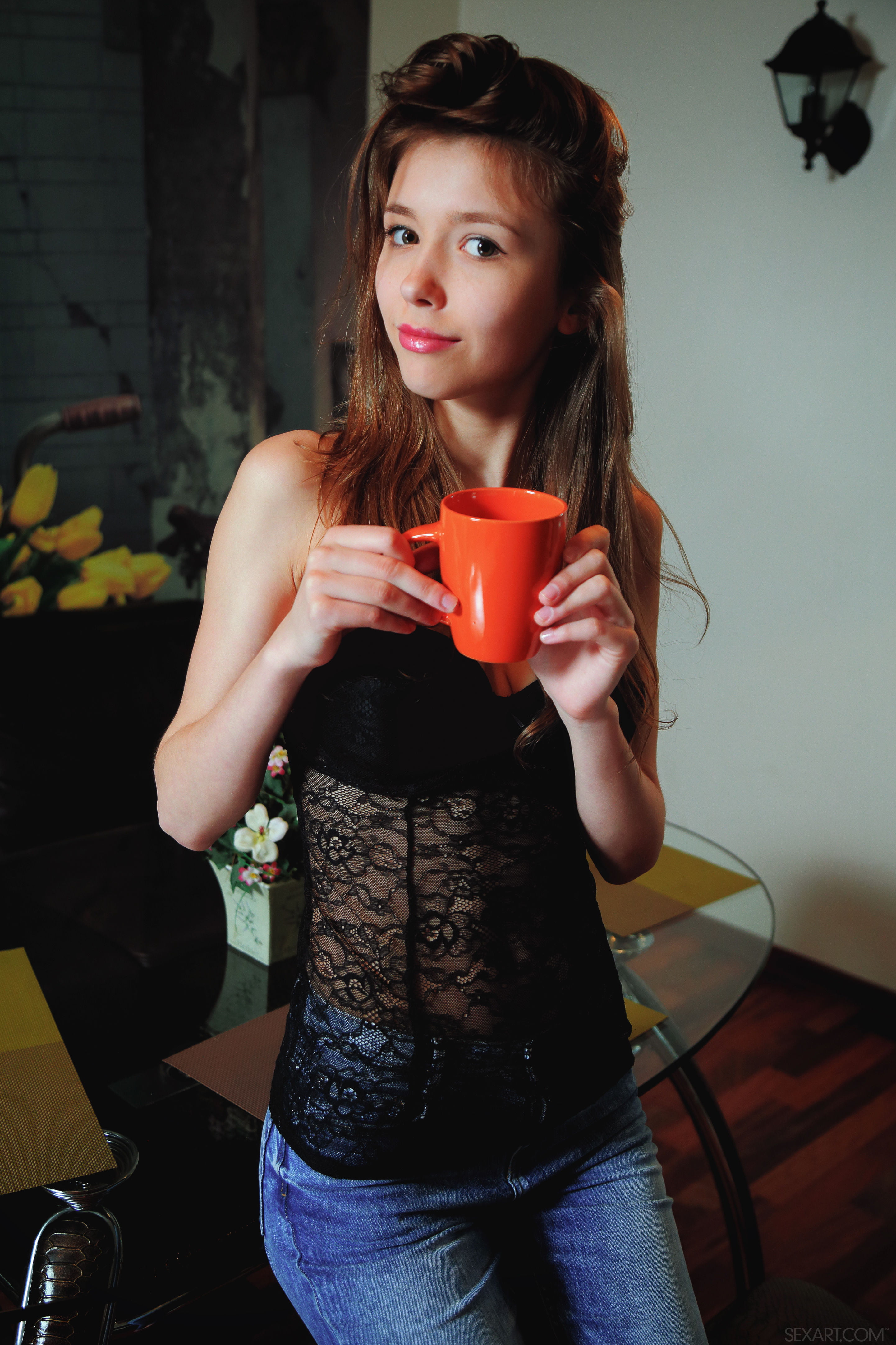indoors, hairstyle, long hair, holding, fashion, coffee cup, beautiful people, drink, cup, brown hair, SexArt Magazine, coffee, one person, SexArt, food and drink, Phone HD Wallpaper