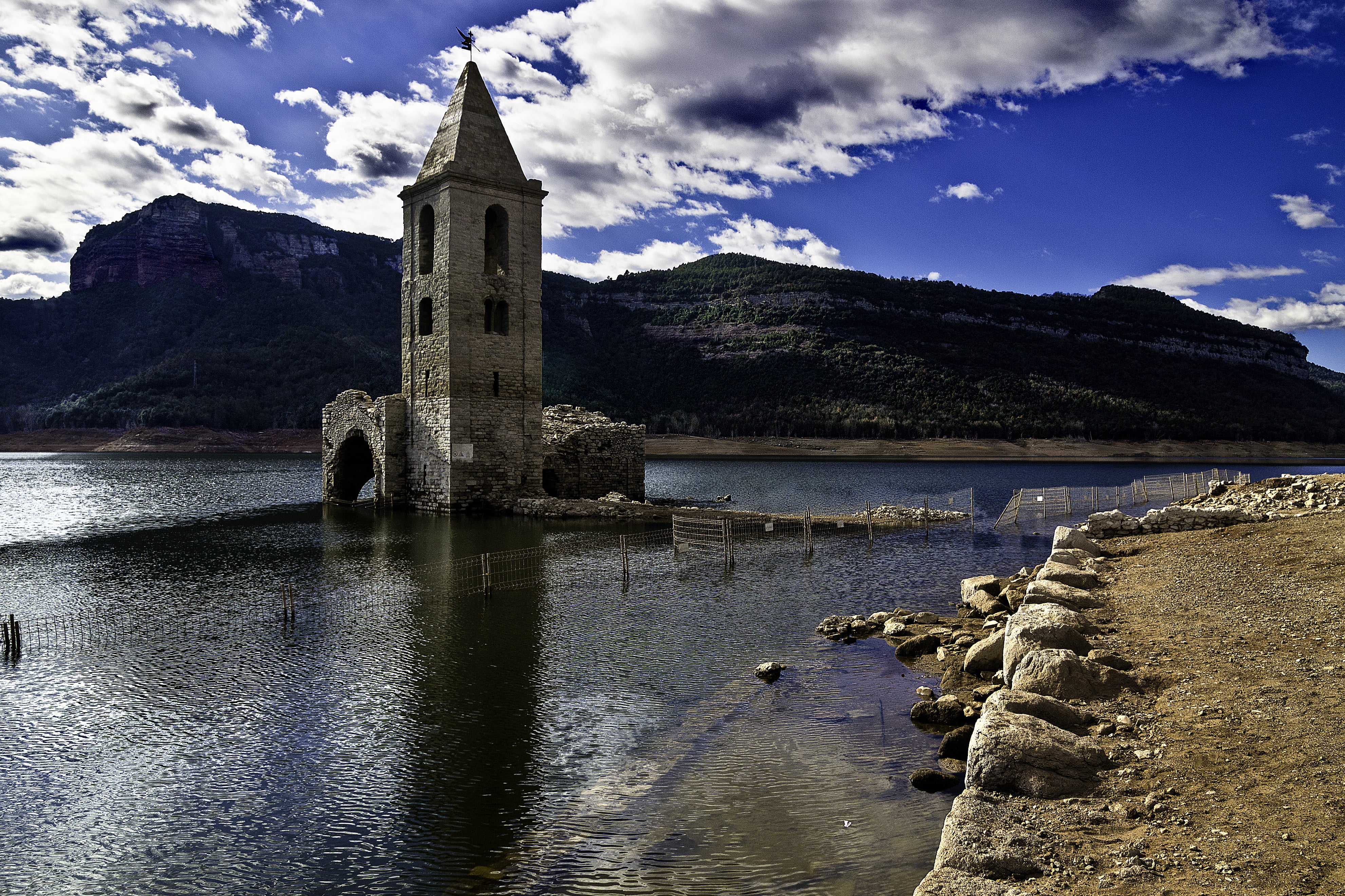 nature, day, cloudy, Sau, clouds, europe, catalunya, sink, pantà, catalonia, cel, montañas, abandoned, landscape, tavertet, tourist, embalse, lake, ocean, HD Wallpaper