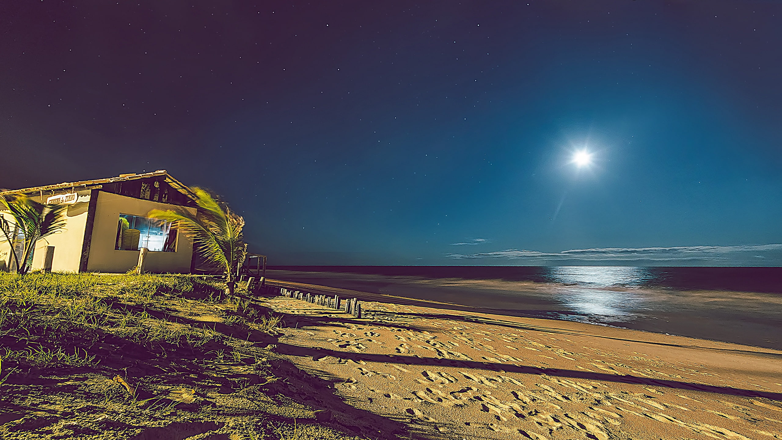 2K, playa, noche, mar, naturaleza, HD Wallpaper