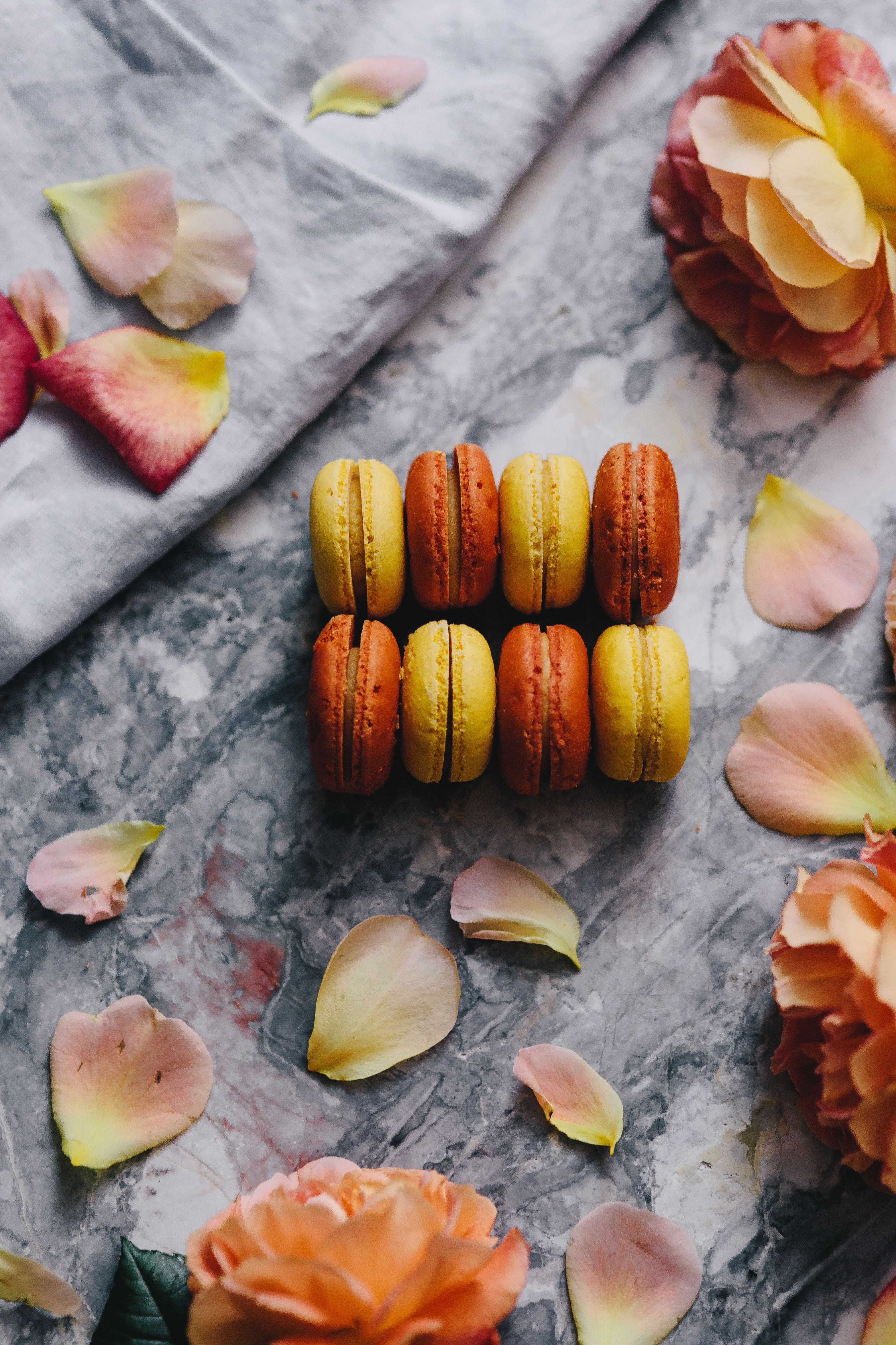 sweet, marble, marble backgound, petals, backgrounds, rose petals, Overhead view, 5K, orange, wood - Material, high angle view, view, marble table, macaroon, Phone HD Wallpaper