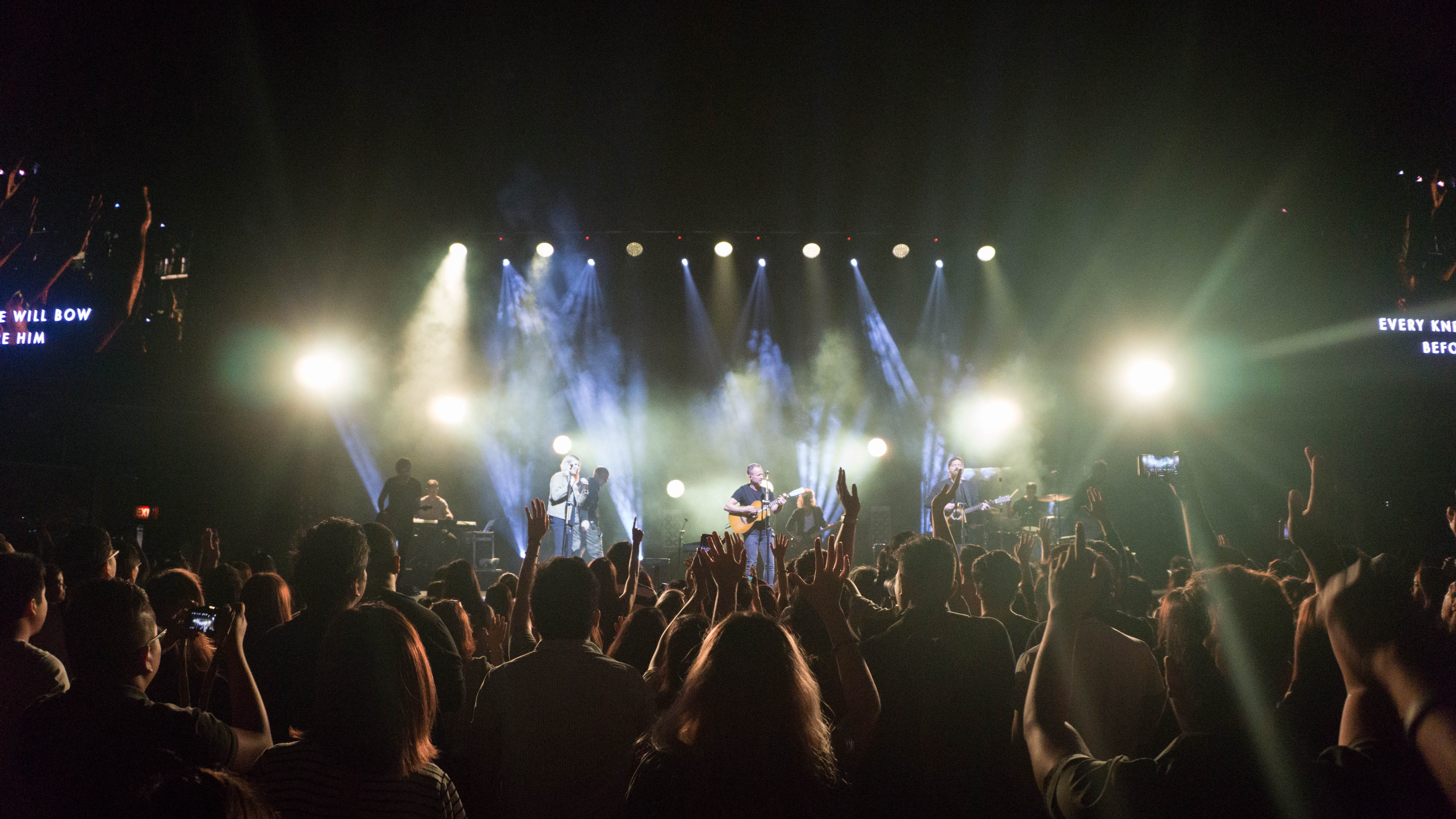 human arm, enjoyment, large group of people, musician, limb, worship, music, spectator, night, stage, lights, popular music concert, rock music, real people, HD Wallpaper