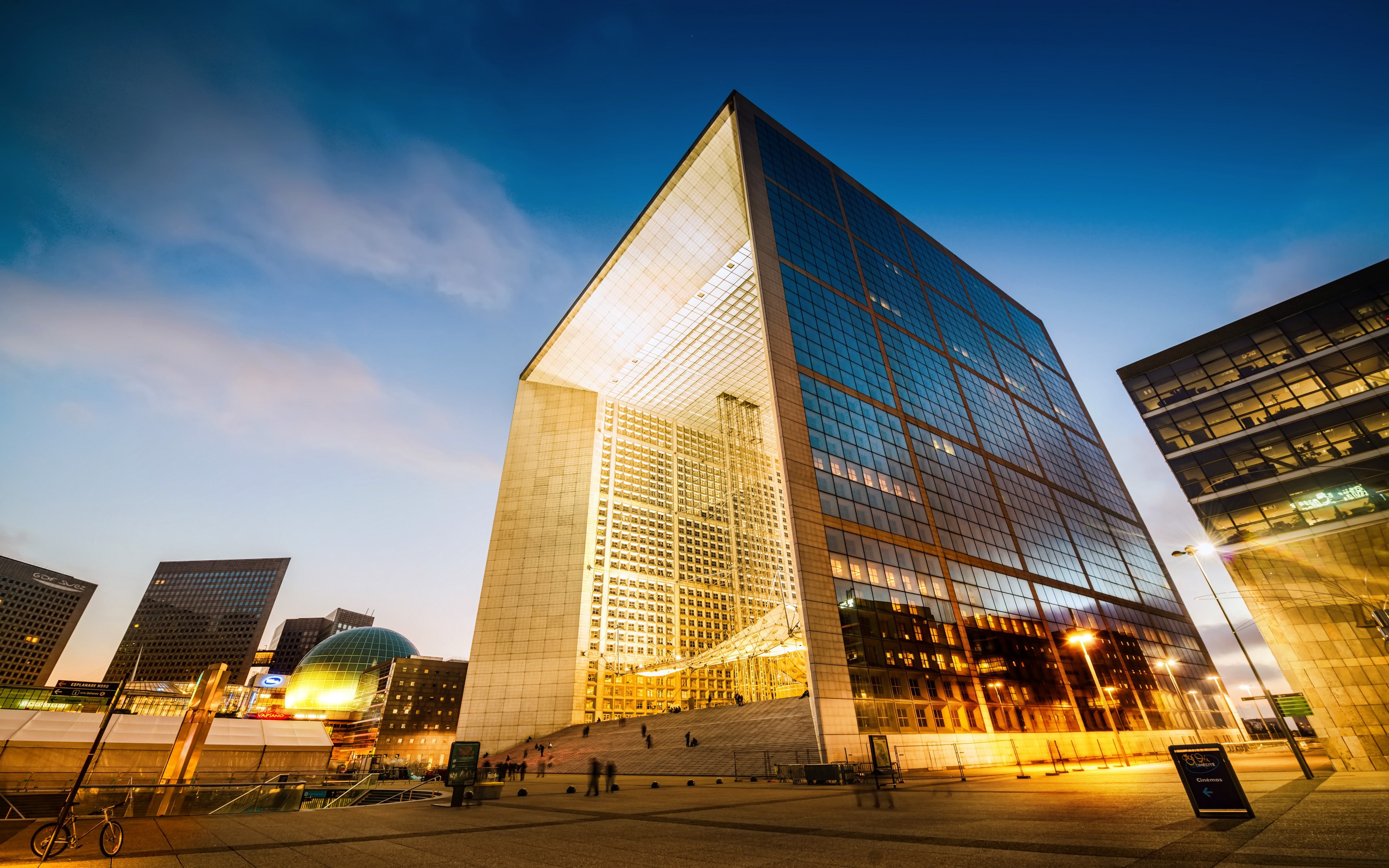 city life, city, tall - high, paris, office, building, 4K, financial district, skyscraper, illuminated, architecture, modern, glass, office building exterior, HD Wallpaper