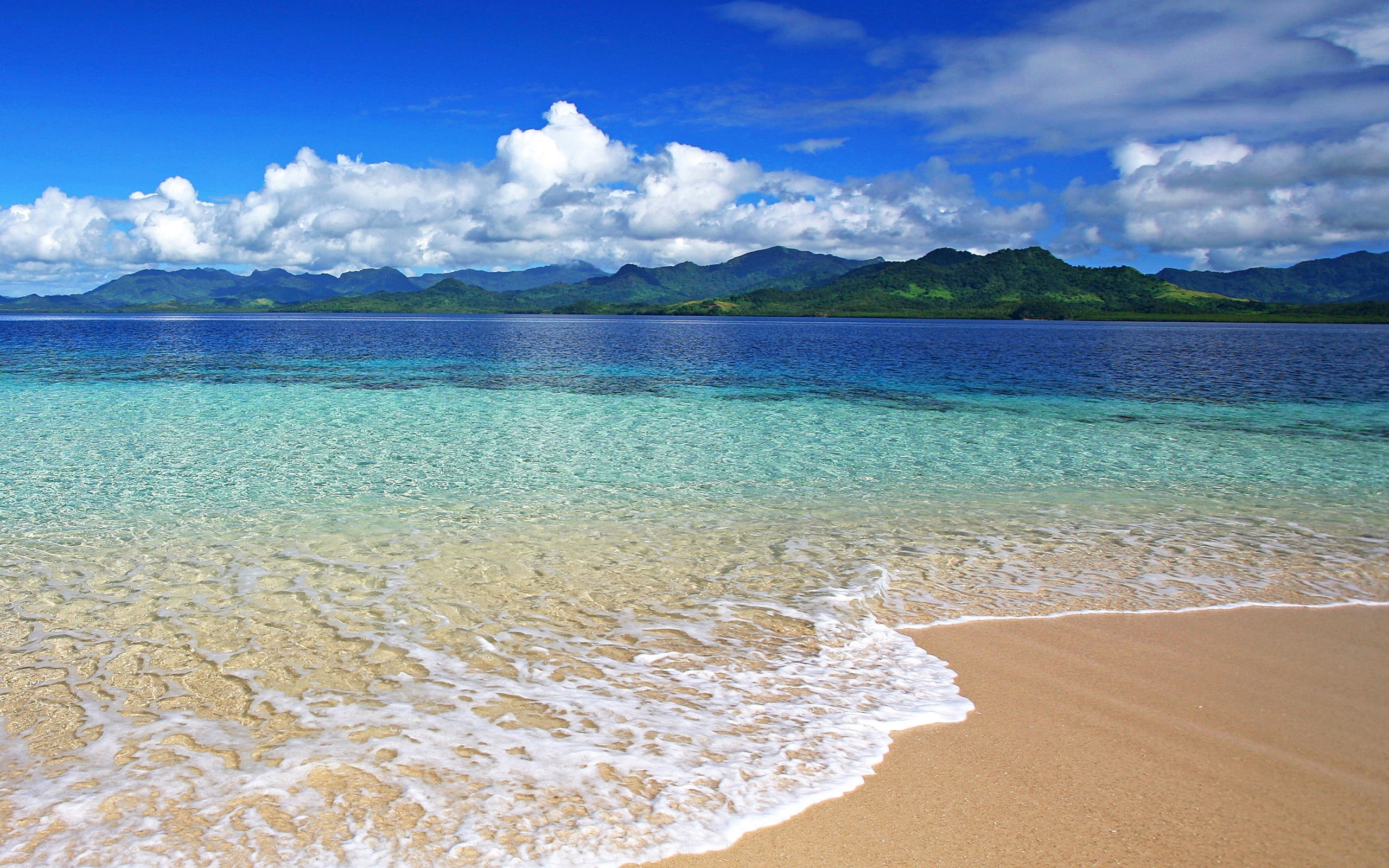 turquoise colored, outdoors, 2K, nature, beauty in nature, aquatic sport, land, idyllic, beach, sand, mountain, pure, day, white, cloud - sky, water, sea, HD Wallpaper