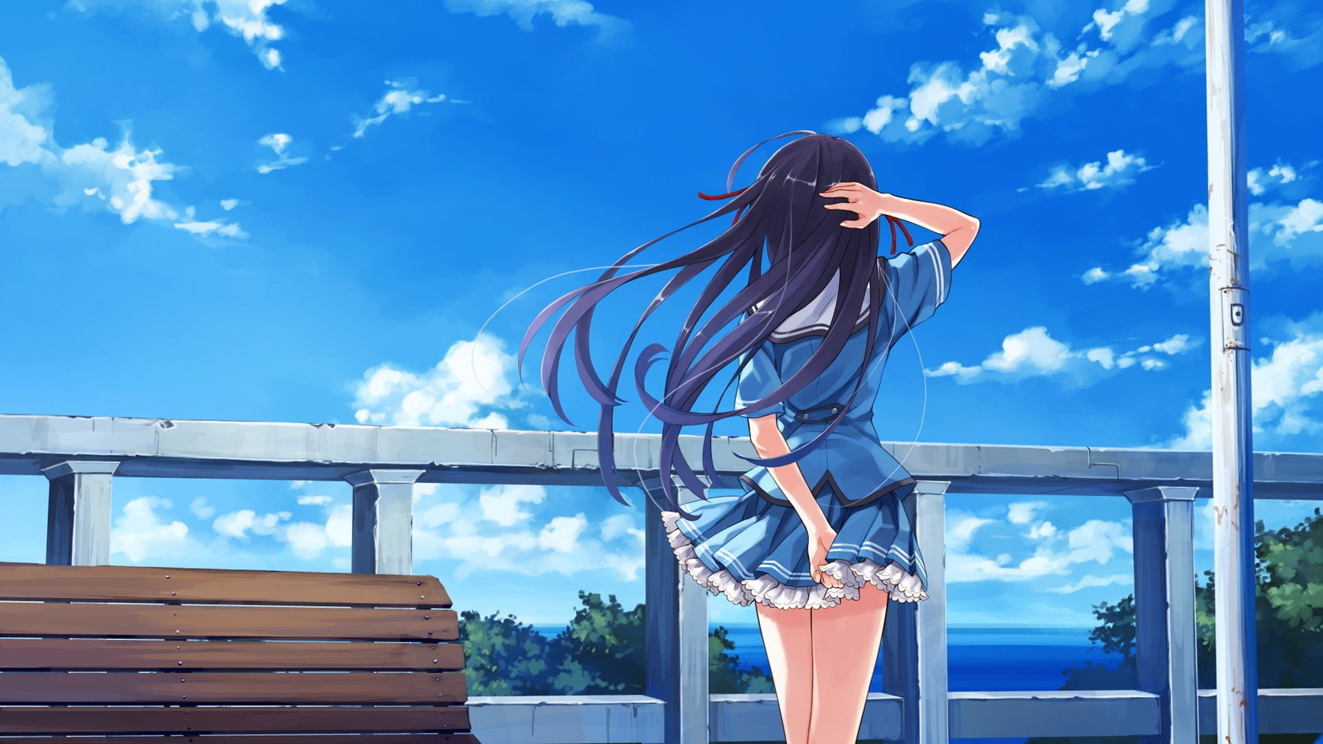 long hair, anime girls, outdoors, young adult, young women, hair, casual clothing, hairstyle, adult, cloud - sky, blue, 1080P, Koga Sayoko, nature, lifestyles, HD Wallpaper