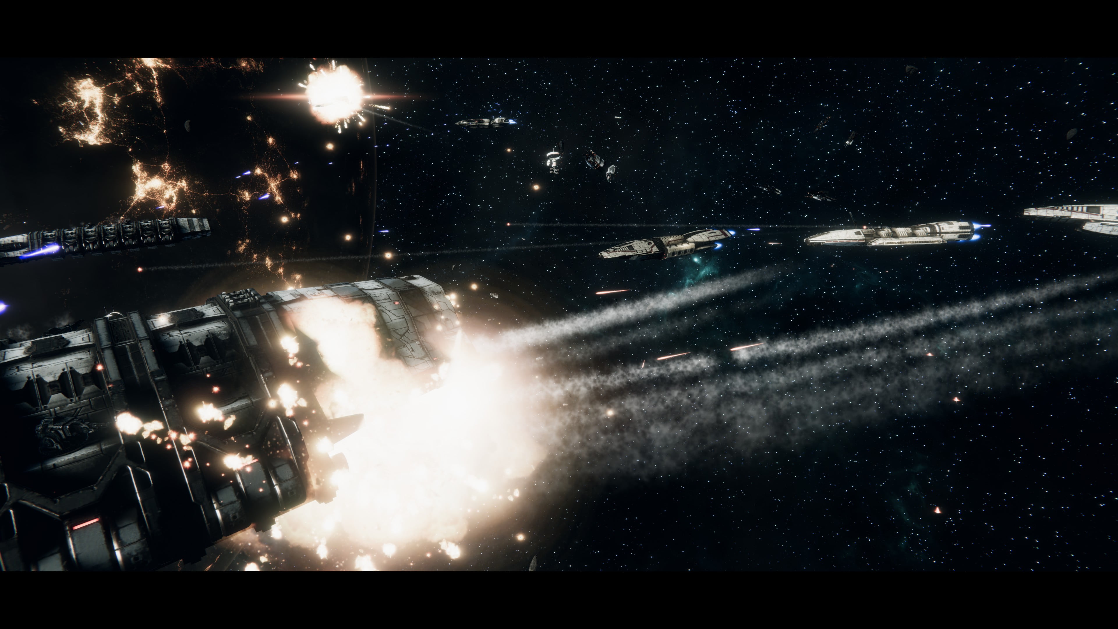 space battle, Battleship, 4K, galactica, explosion, Battles, Battlestar Galactica, Star conflict, battlestar, Cylons, space, deadlock, HD Wallpaper