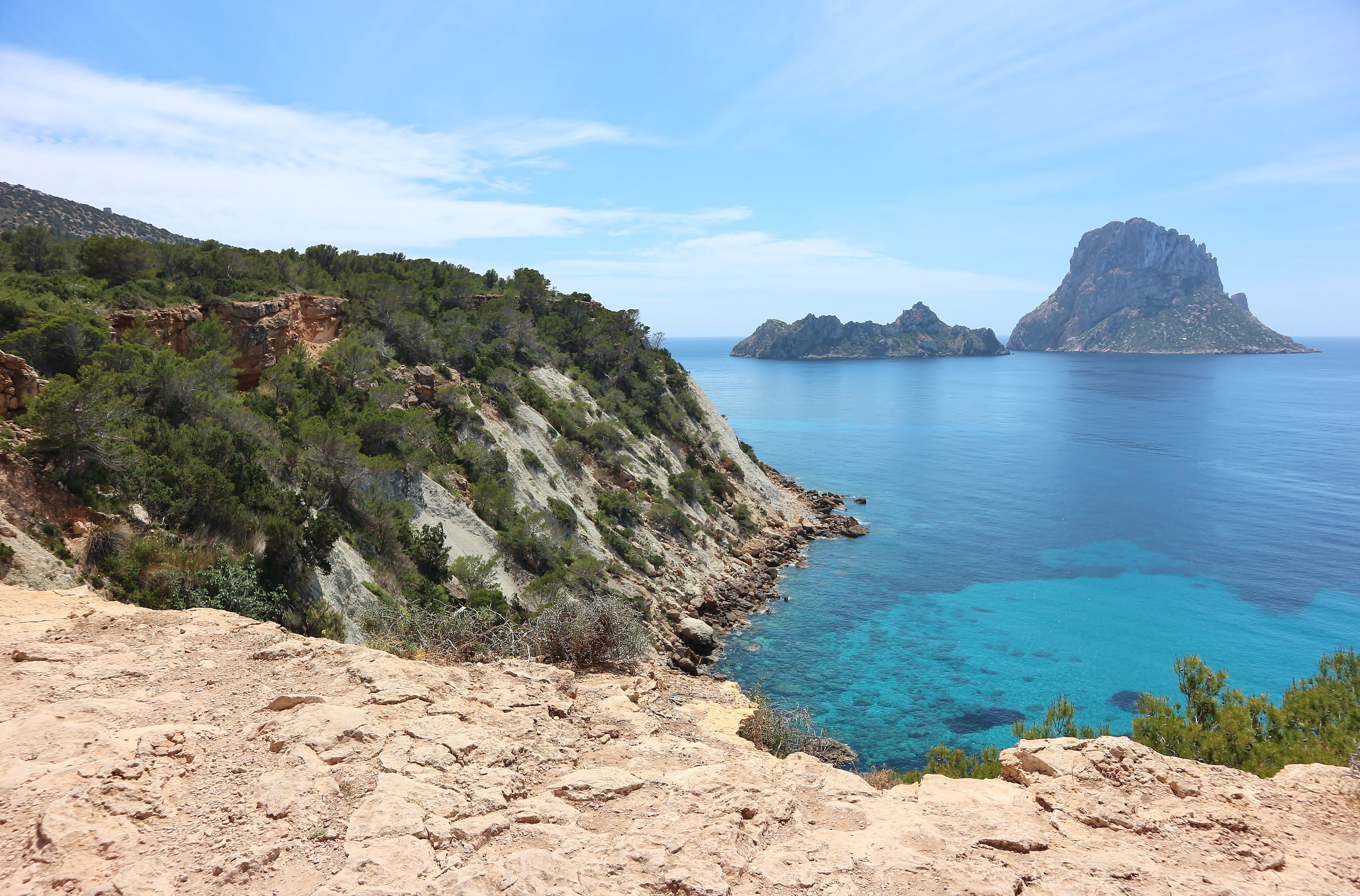 formation, scenics, tree, plant, non-urban scene, sea, scenics - nature, tranquil scene, Ibiza, land, rock formation, bay, idyllic, outdoors, Spain, 5K, HD Wallpaper