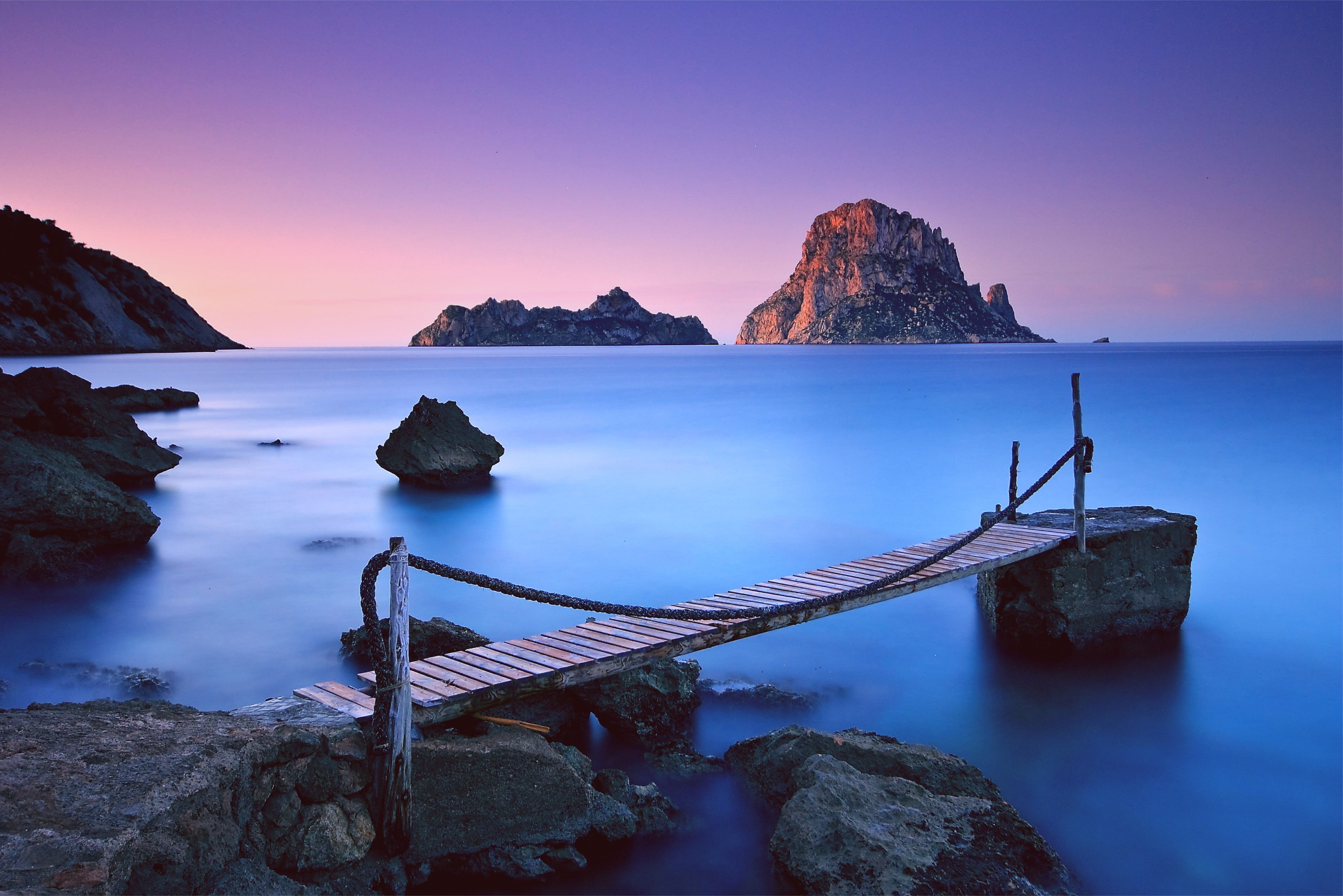 sky, ropes, pier, 2K, Ibiza, Es vedra, sea, island, blue, Pink, Horizon, rock, HD Wallpaper