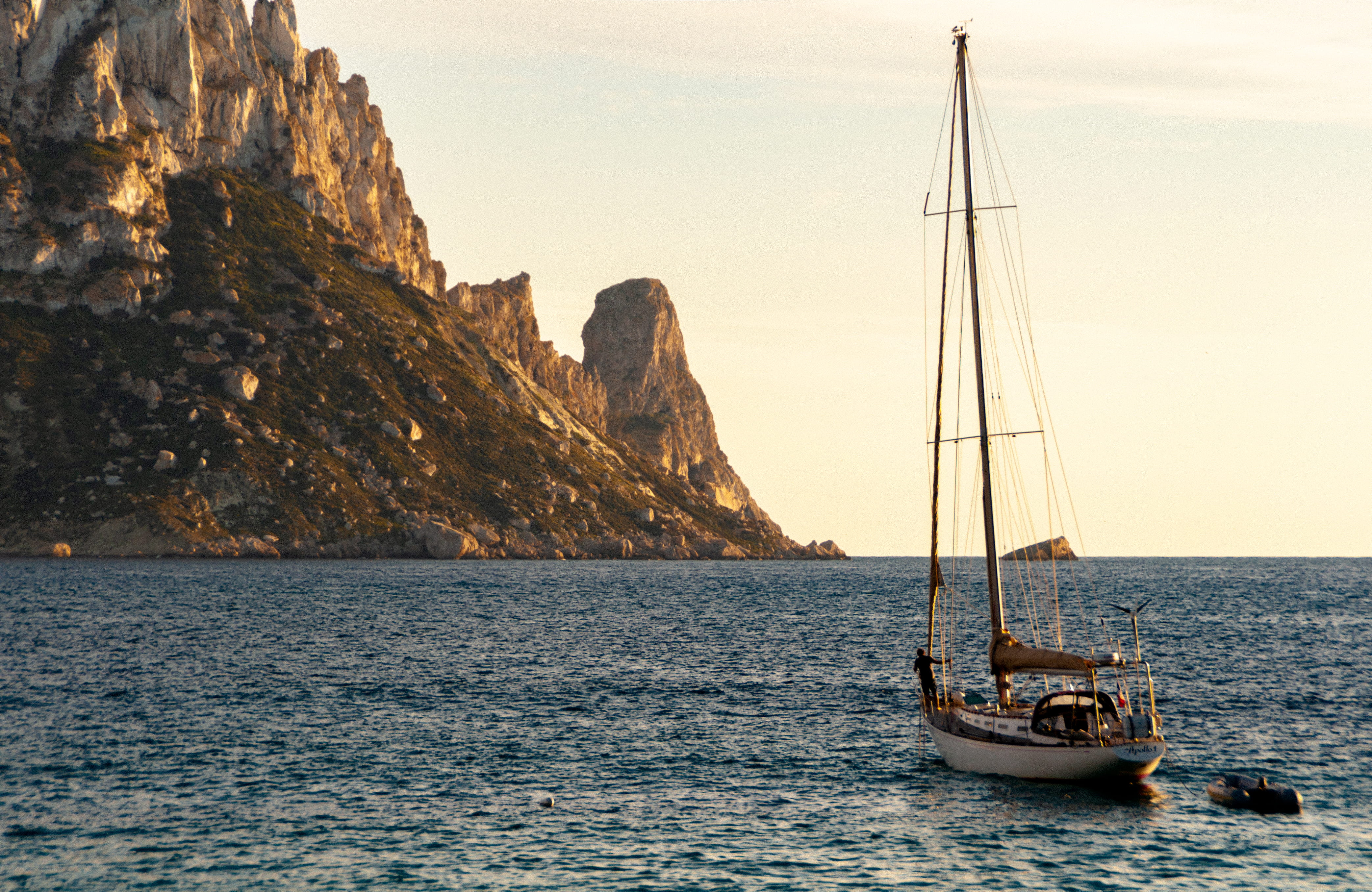 boat, sailboat, sea, tranquil scene, no people, es vedrà, rock formation, sailing, nautical vessel, waterfront, mode of transportation, sunset, mast, 4K, HD Wallpaper