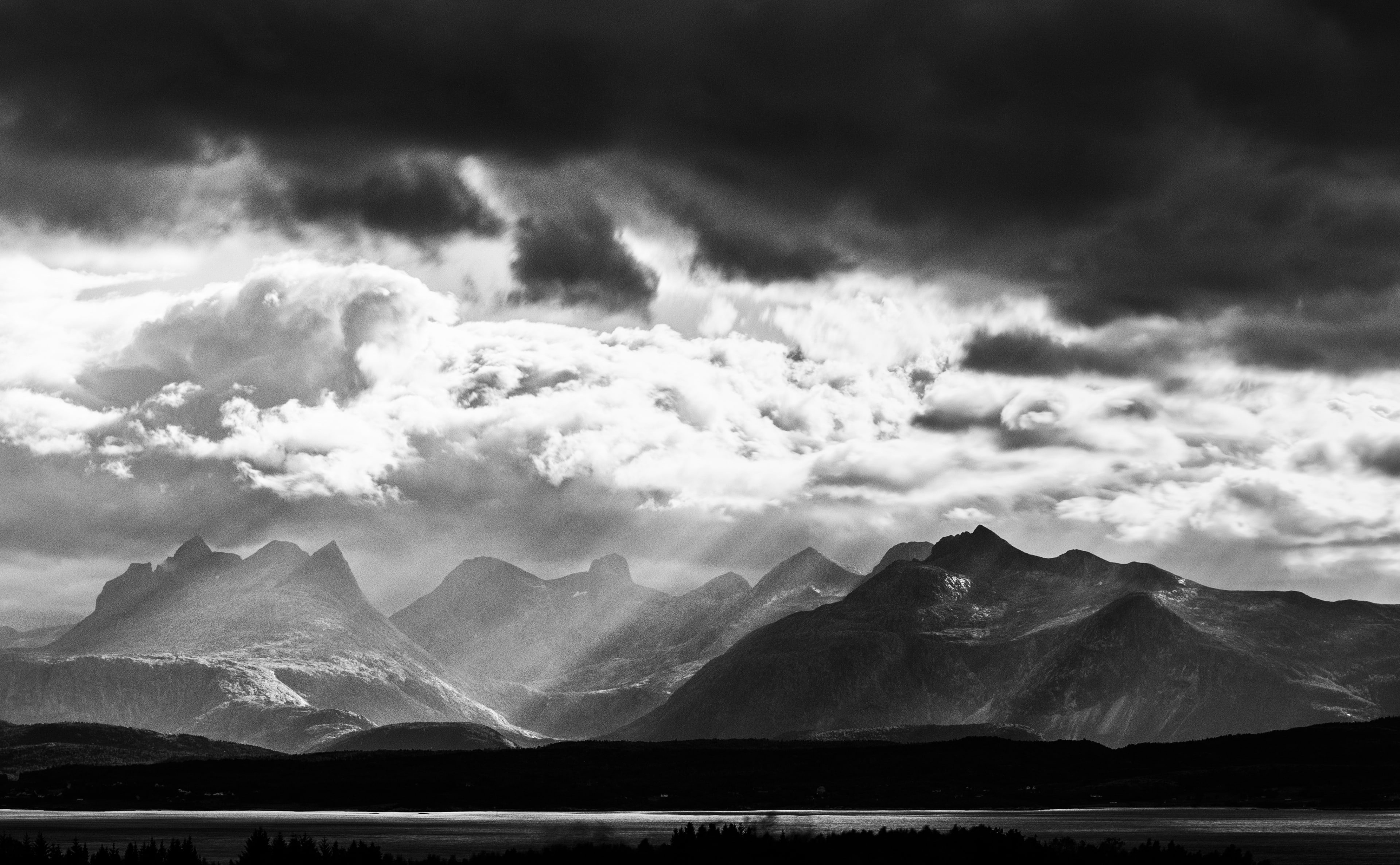 beauty in nature, non-urban scene, tranquil scene, snowcapped mountain, idyllic, storm, overcast, White, no people, landscape, Black, lightroom5, grayscale, HD Wallpaper