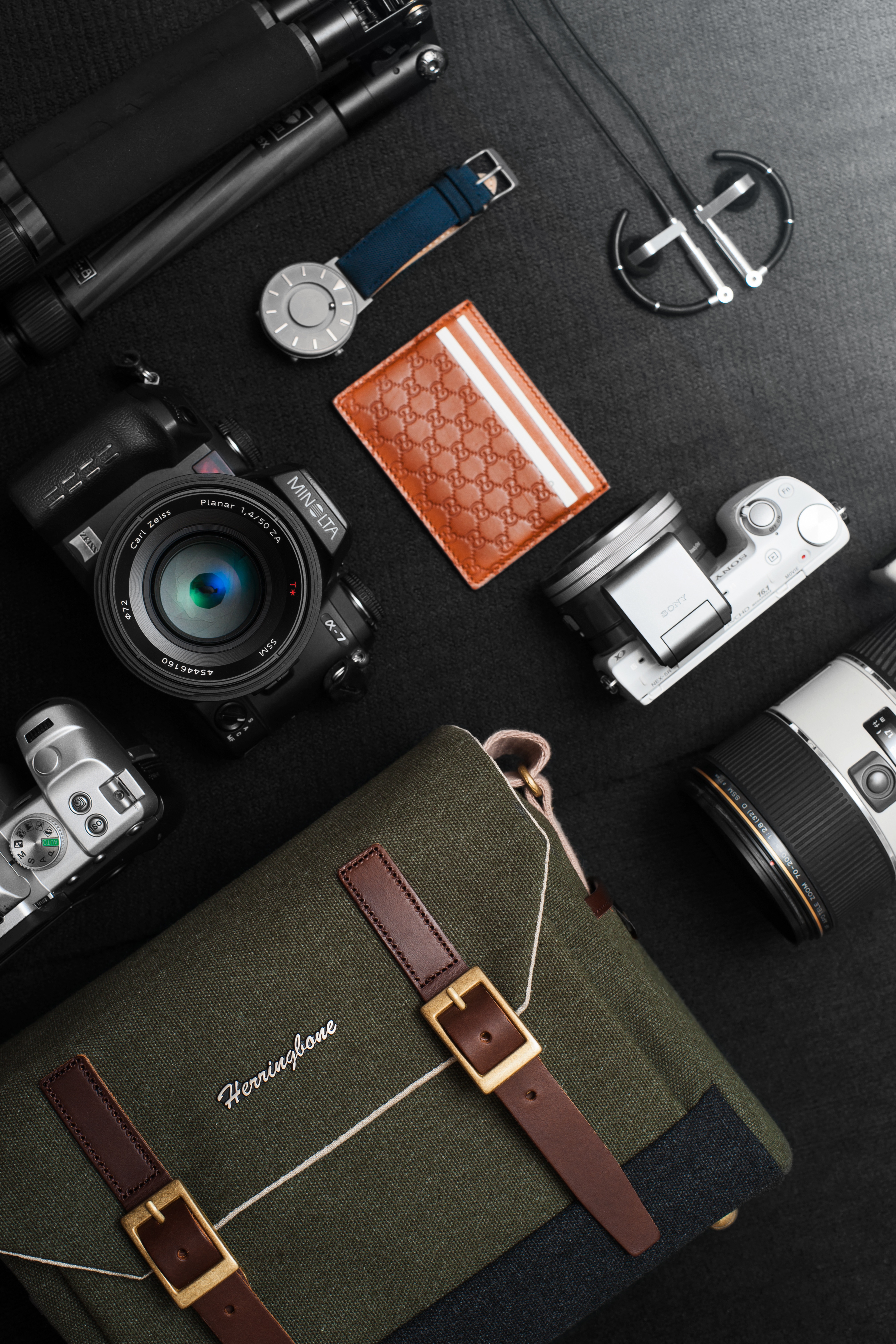 large group of objects, high angle view, table, pen, camera, camera - photographic equipment, black, dslr, technology, photographic equipment, digital camera, Phone HD Wallpaper