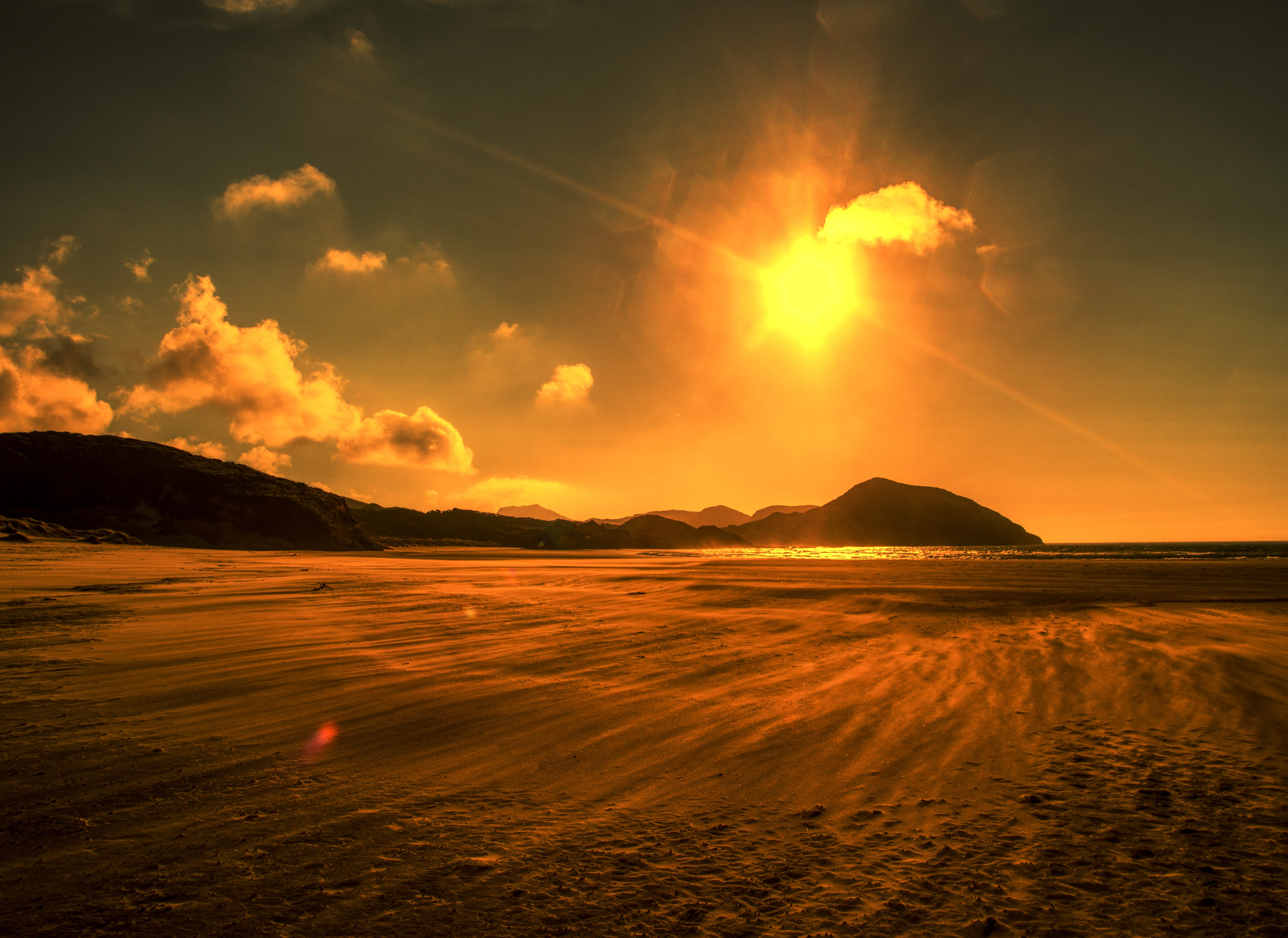outdoors, beach, fire, apocalypse, orange, no people, non-urban scene, sun, tranquil scene, sunbeam, beauty in nature, sea, heat, sunlight, cloud - sky, HD Wallpaper
