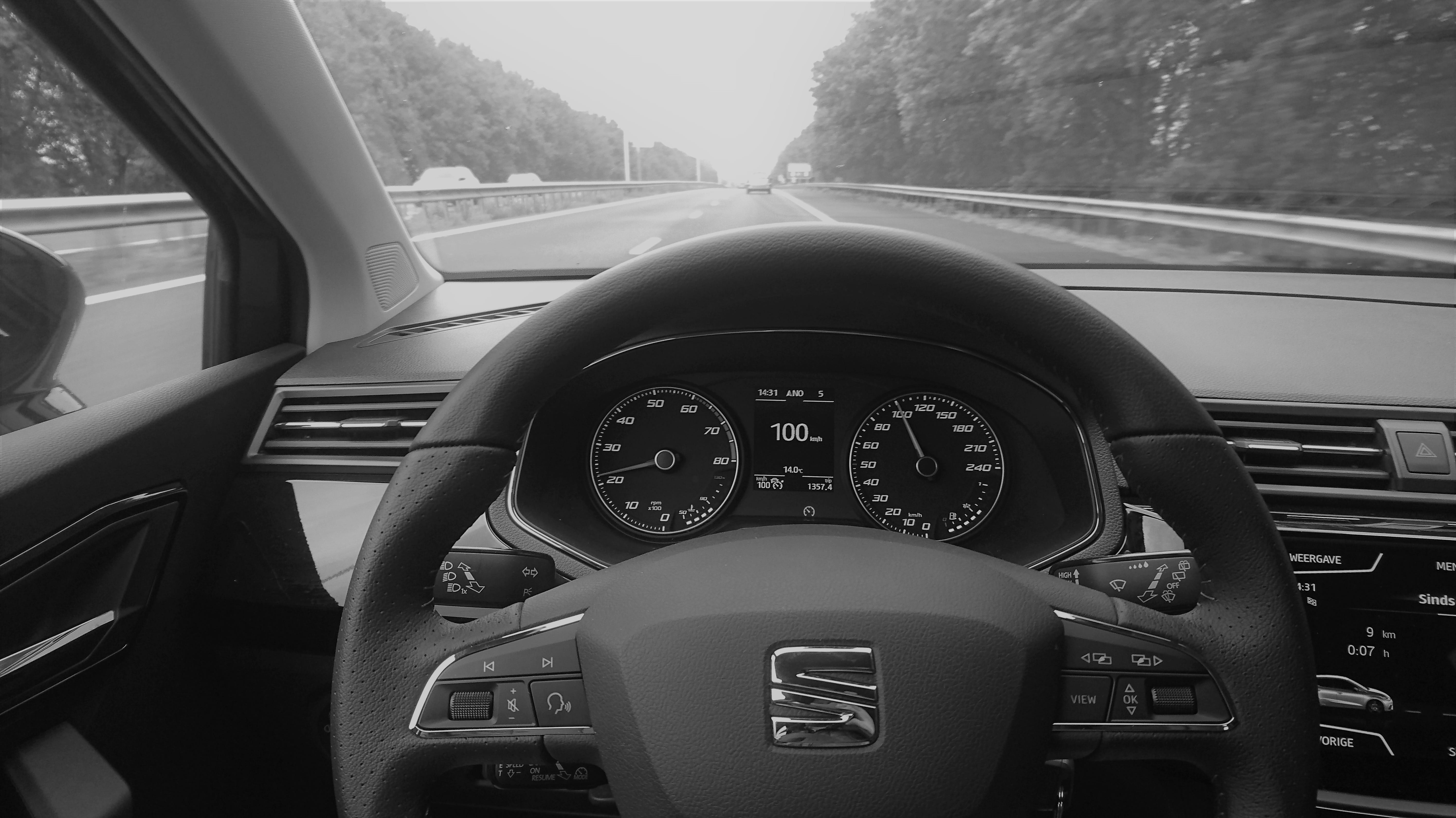 car, motor vehicle, steering wheel, day, dashboard, fr, speedometer, travel, seat ibiza fr, 5K, control panel, rpm, seat ibiza, speeding, no people, driving, HD Wallpaper