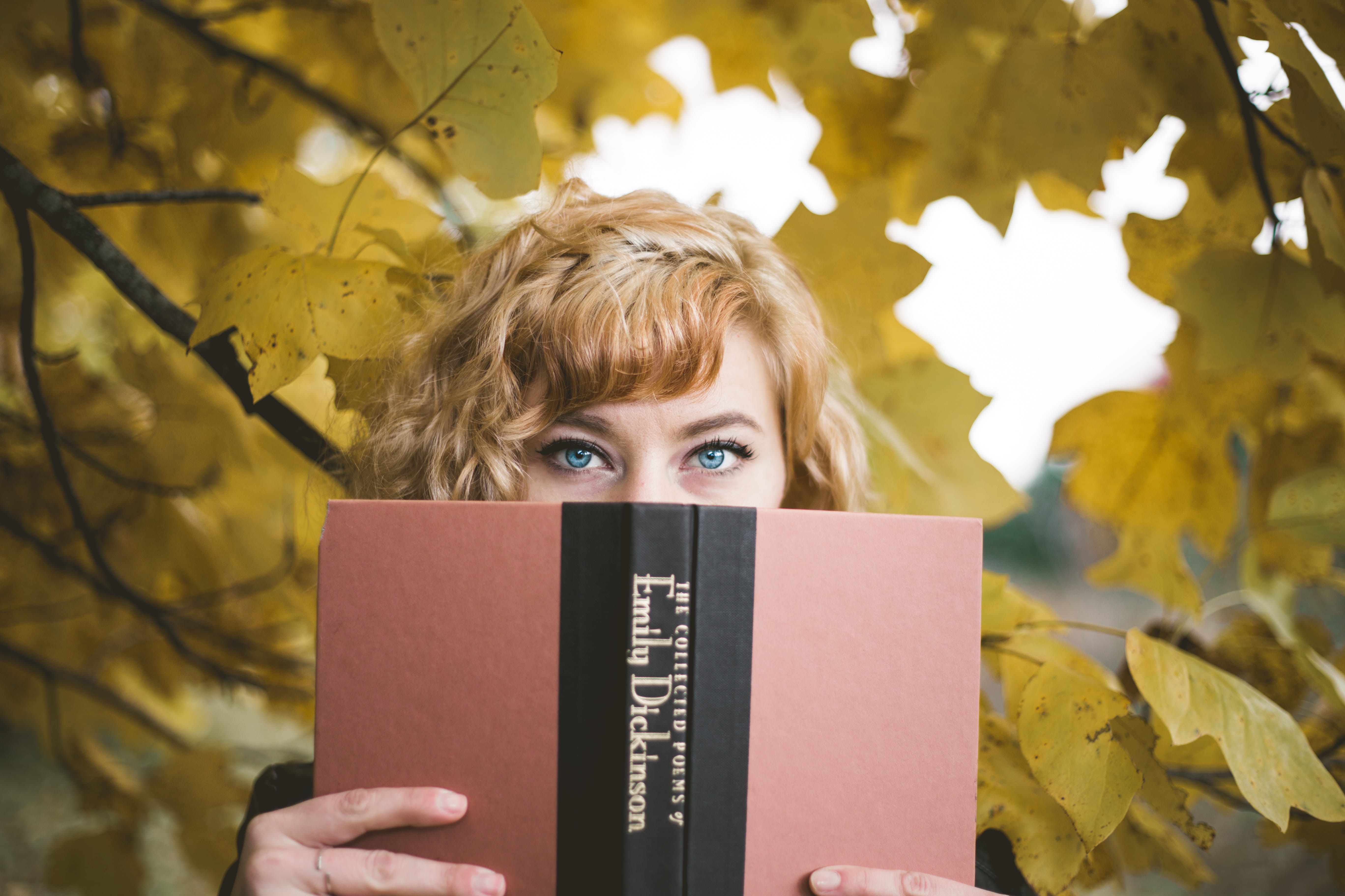 poem, selective, leaf, obscured face, publication, photography, leafe, happy, graphic, education, focus, emily dickenson, blond hair, front view, plant part, HD Wallpaper