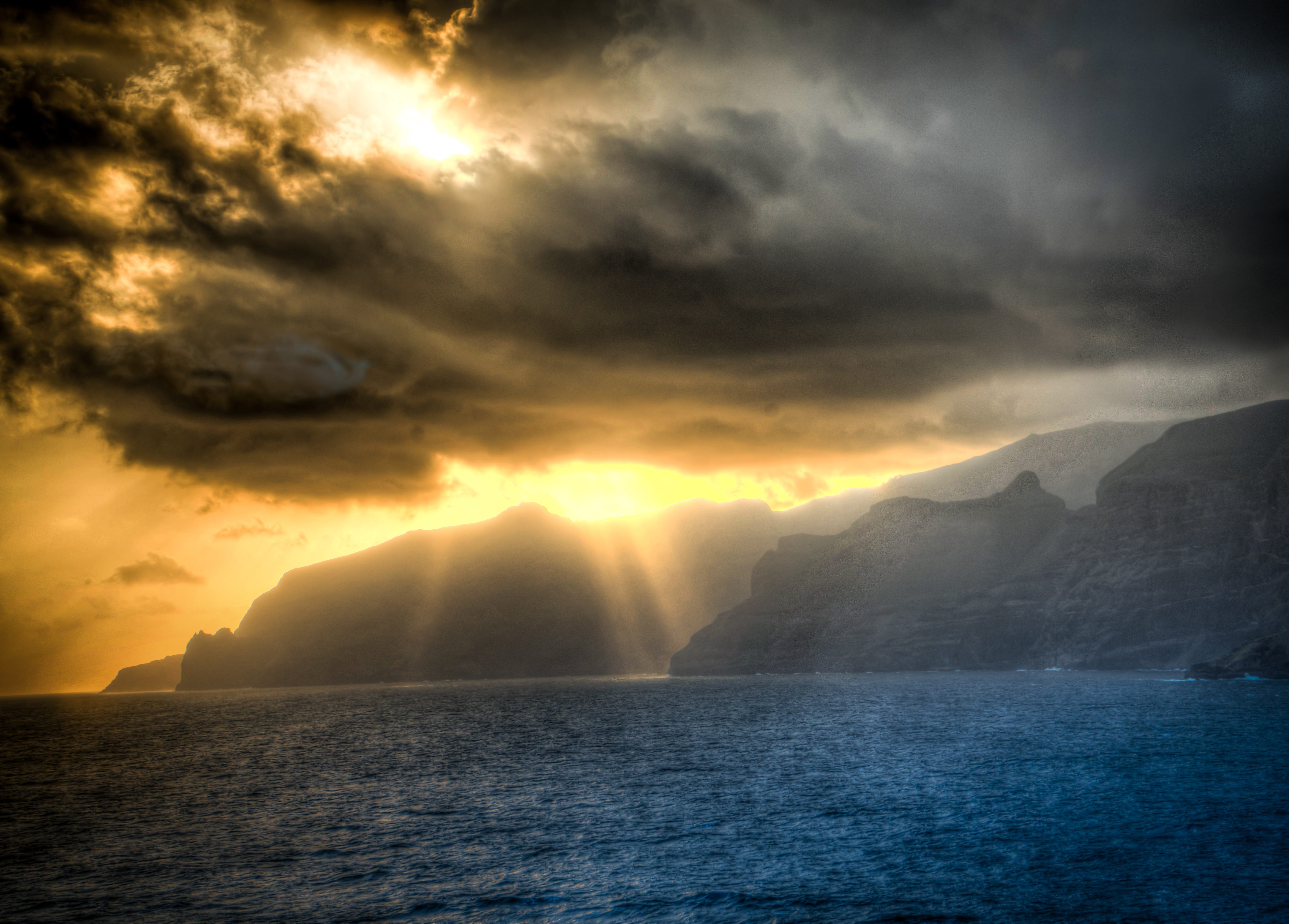 mountain, tranquil scene, seascape, ocean, idyllic, sunset, sky, golden hour, near, sea, clouds, travel, water, paradise, hills, holiday, tropic, coastline, HD Wallpaper