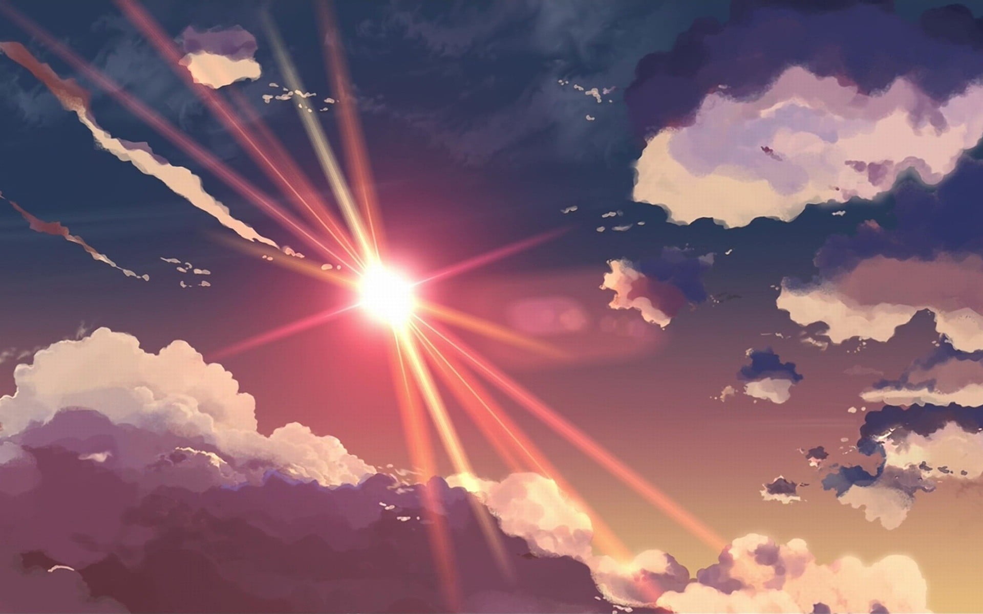 no people, 5 Centimeters Per Second, idyllic, white, bright, cloud - sky, lens flare, artwork, tranquil scene, sunset, streaming, Sun, sunlight, silhouette, HD Wallpaper