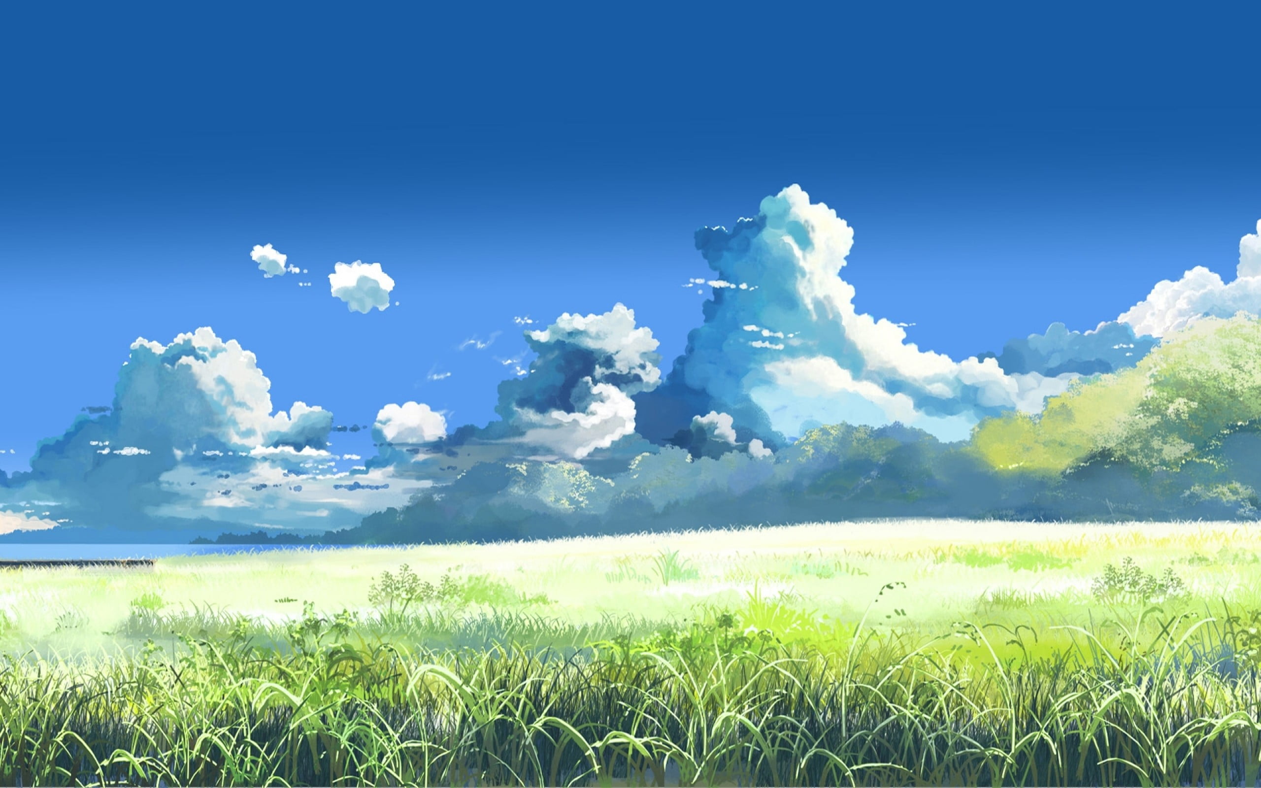 clouds, tranquility, tranquil scene, cloud - sky, landscape, day, 2K, outdoors, sky, green, non-urban scene, lawn, green color, growth, artwork, 5 Centimeters Per Second, HD Wallpaper