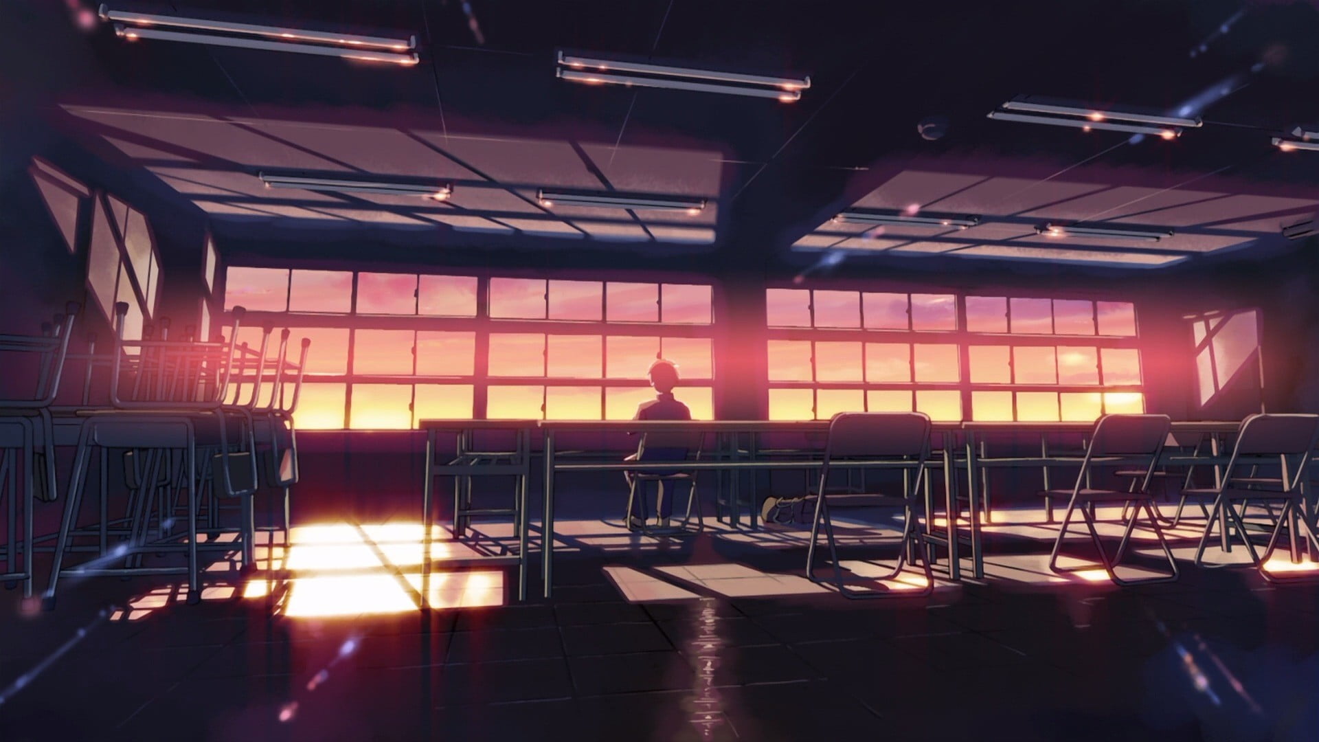 airport, seat, Makoto Shinkai, glass - material, tiled floor, flooring, built structure, gray, empty, indoors, sunlight, sunset, real people, shadow, desk, HD Wallpaper