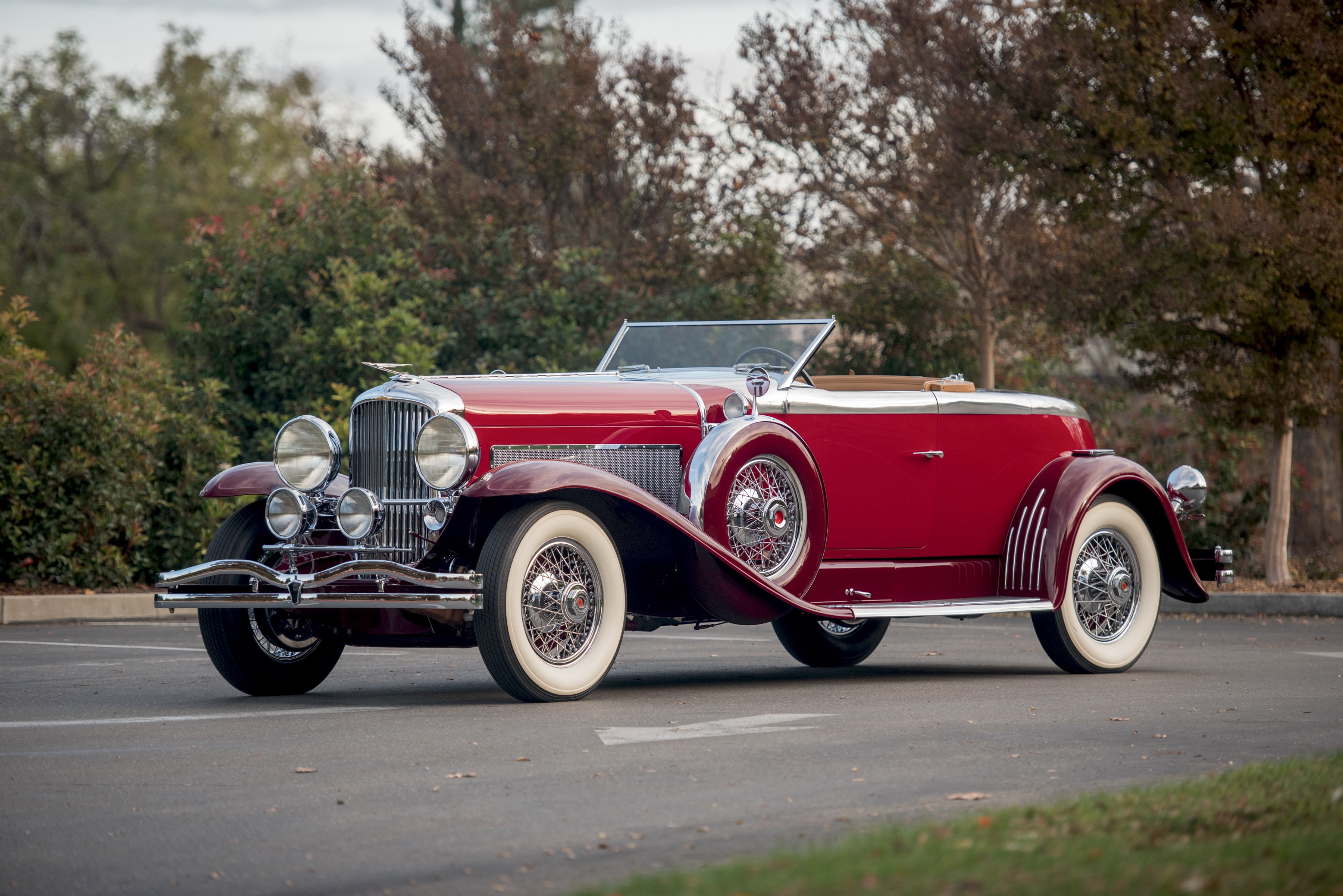road, land vehicle, 2K, plant, red, duesenberg model j disappearing top torpedo, transportation, stationary, tree, nature, city, motor vehicle, convertible, HD Wallpaper