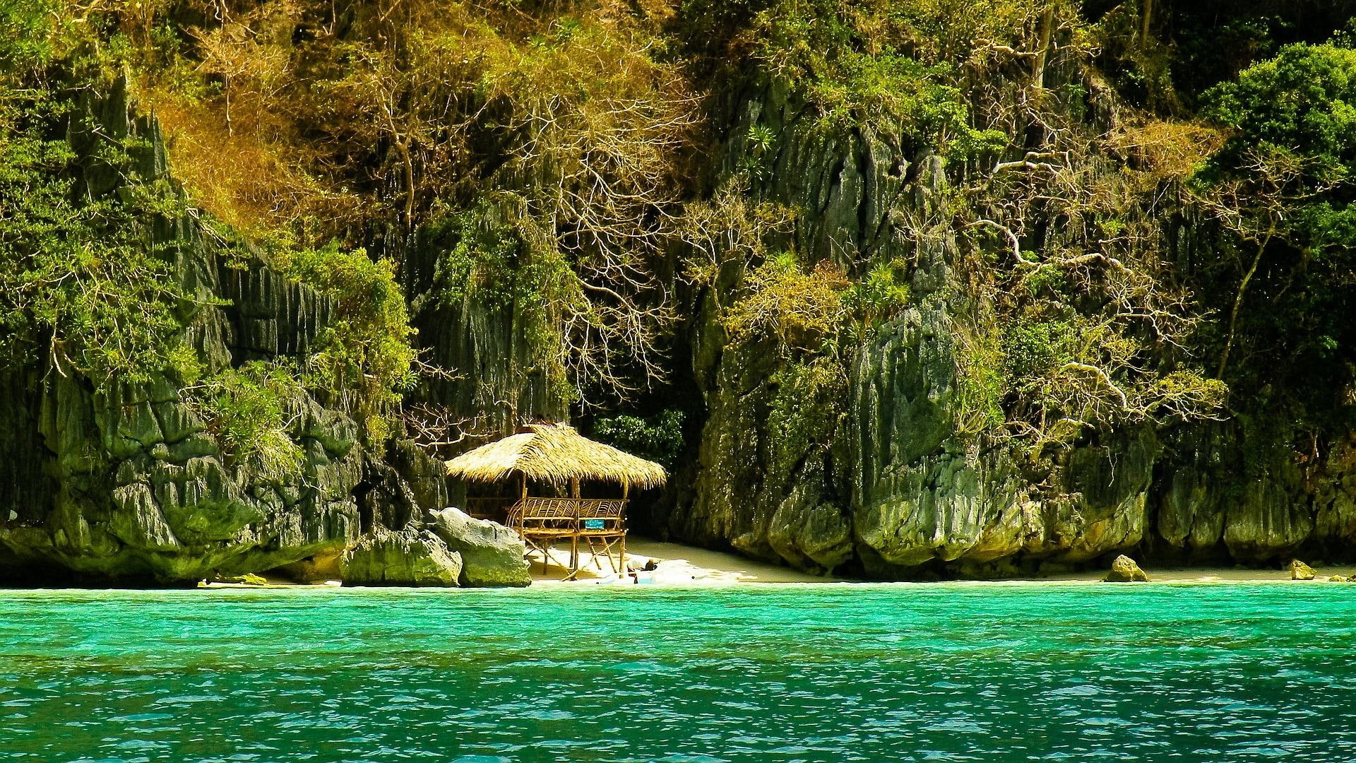 hidden, palawan, green sea, nature and landscapes, philippines, beach, cove, jungle, 1080P, HD Wallpaper