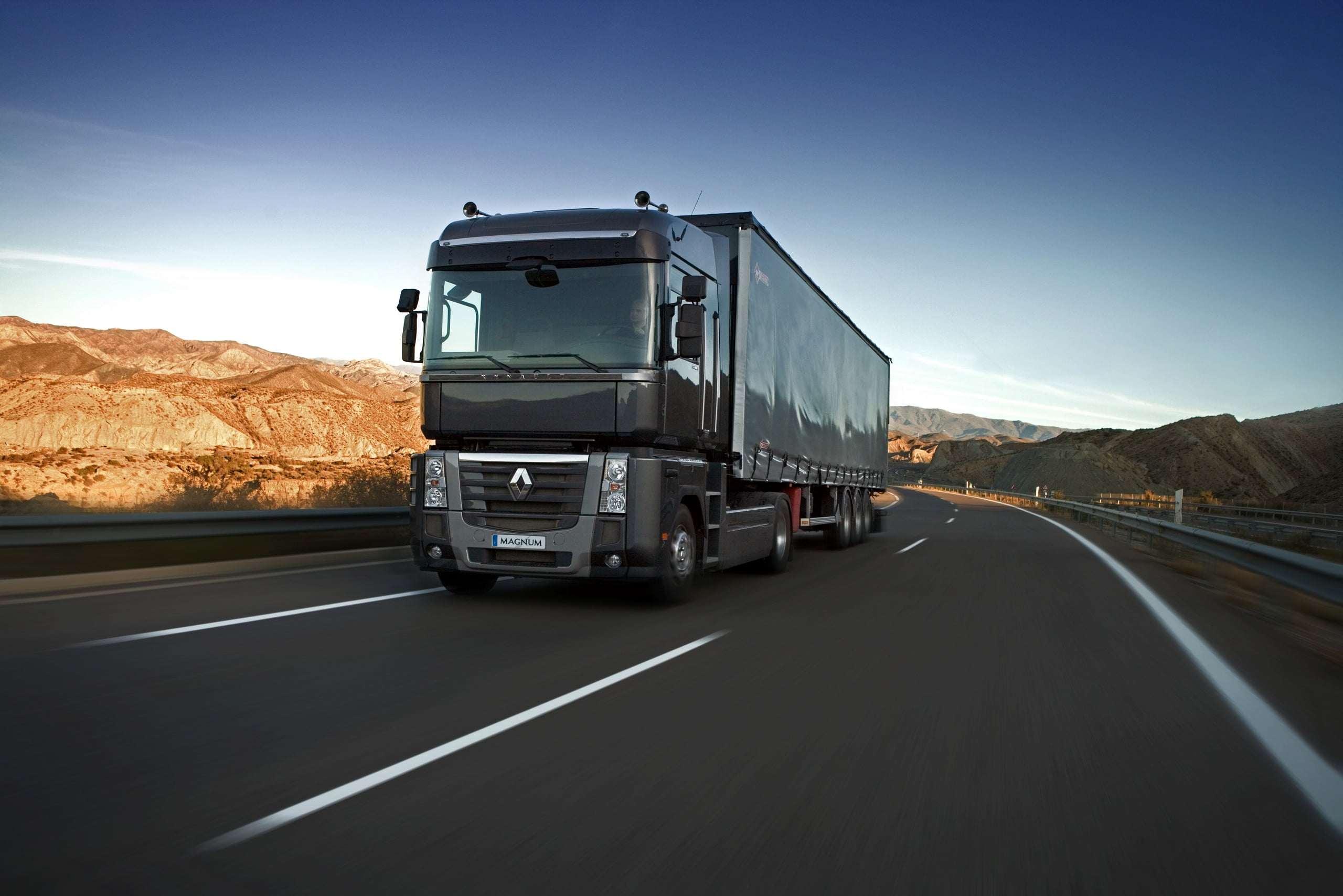 hills, 2K, truck, track, 4x2, Magnum, the trailer, tractor, black, the sky, Renault Trucks, Renault, HD Wallpaper