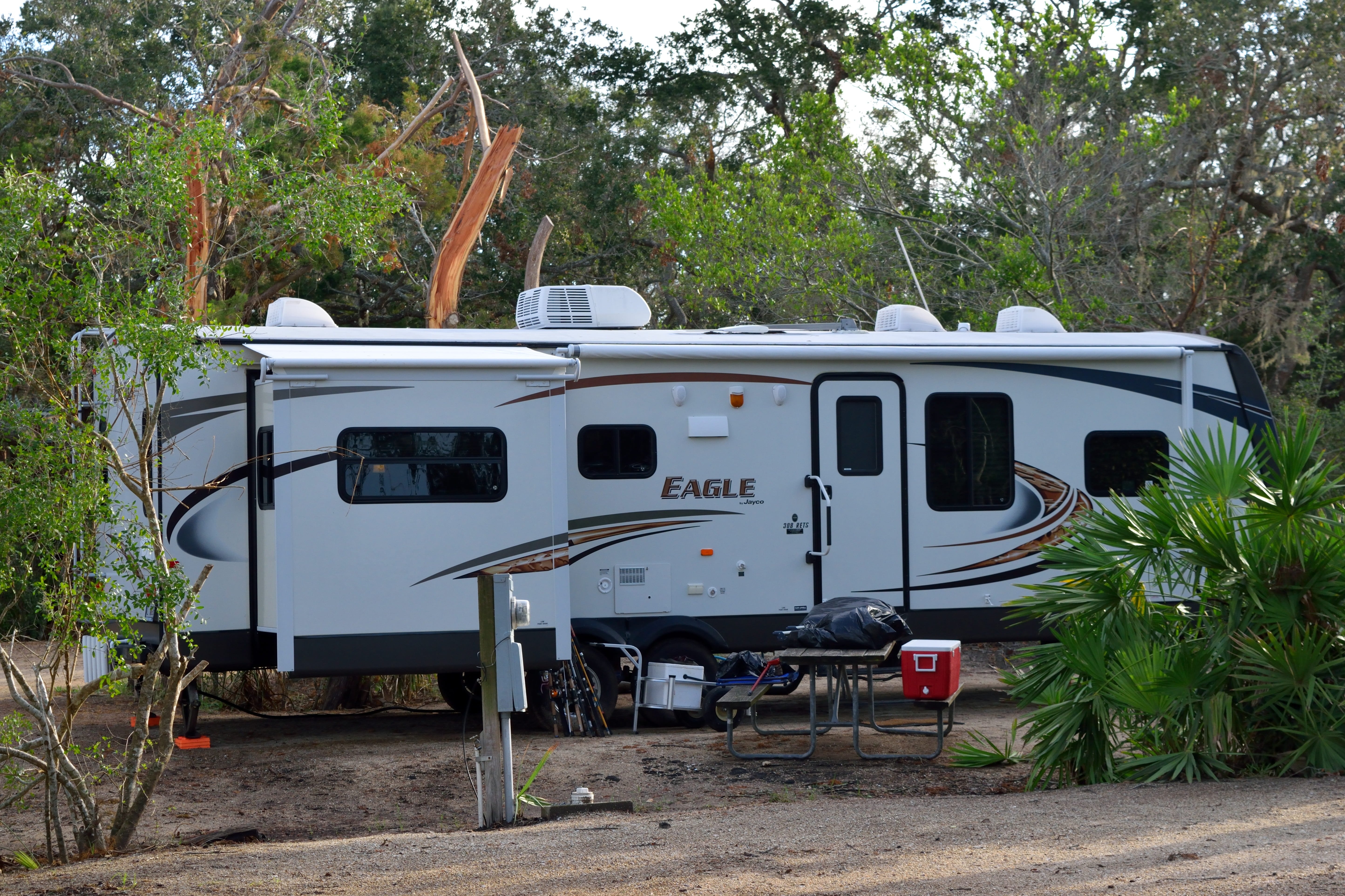 recreational vehicle, day, white, travel, outdoors, park, obsolete, campground, transportation, camper, tree, land vehicle, abandoned, camping, mobile, HD Wallpaper