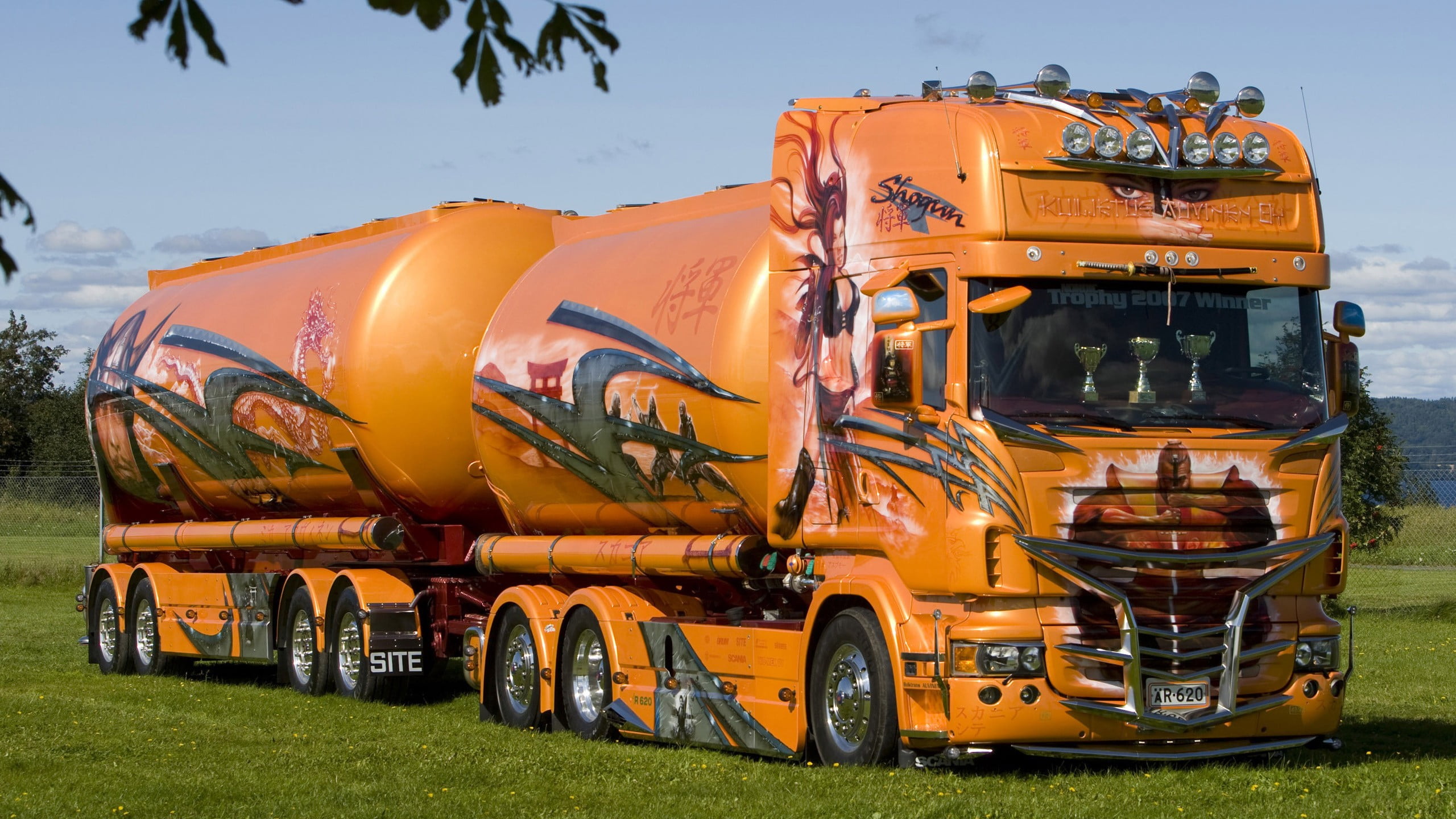 commercial land vehicle, sky, machinery, sunlight, land, no people, Truck, mode of transportation, vehicle, orange color, grass, agricultural machinery, HD Wallpaper