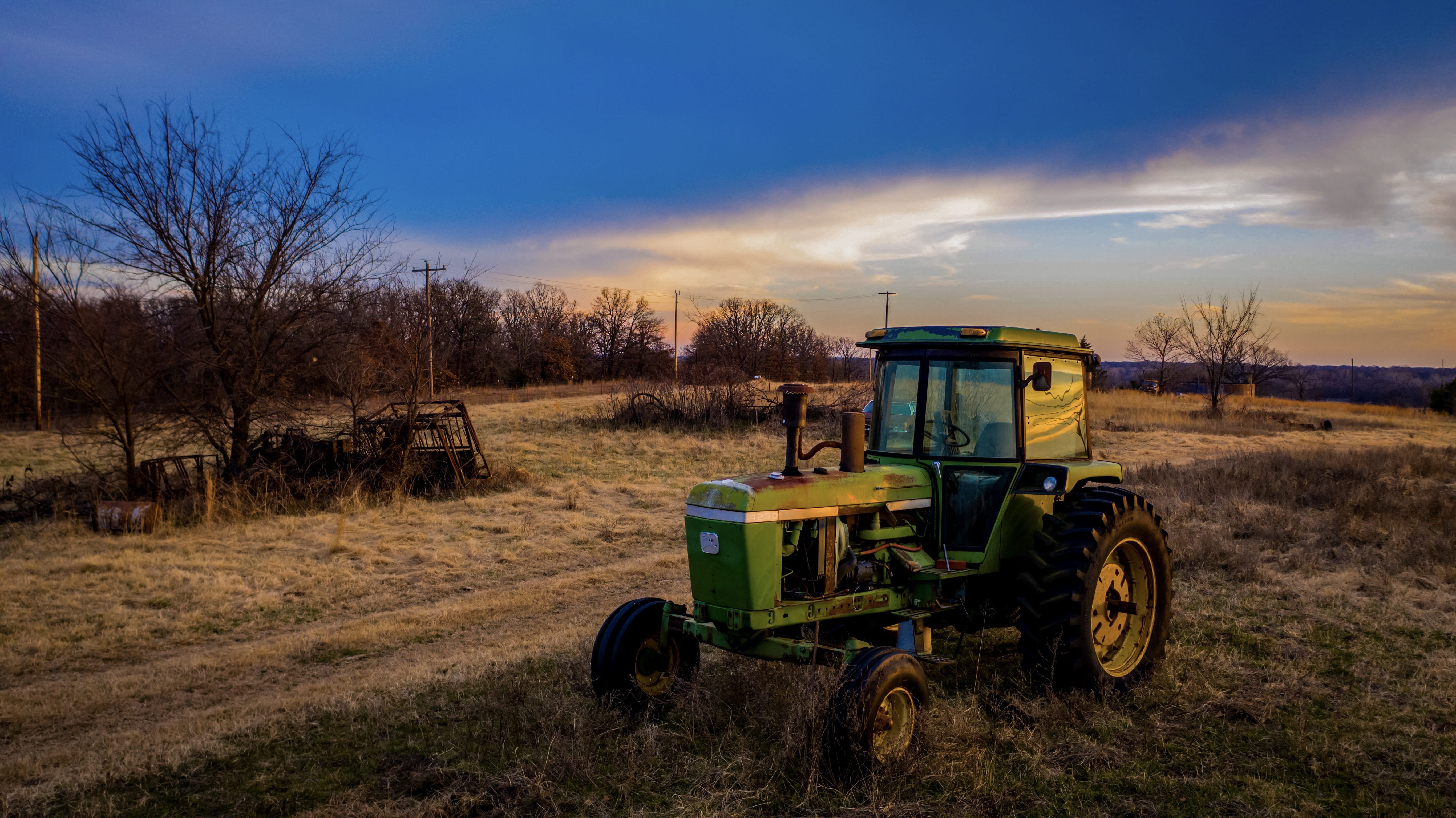 environment, agricultural equipment, plant, transportation, nature, bare tree, cloud - sky, tree, no people, landscape, land vehicle, sunset, rural scene, HD Wallpaper