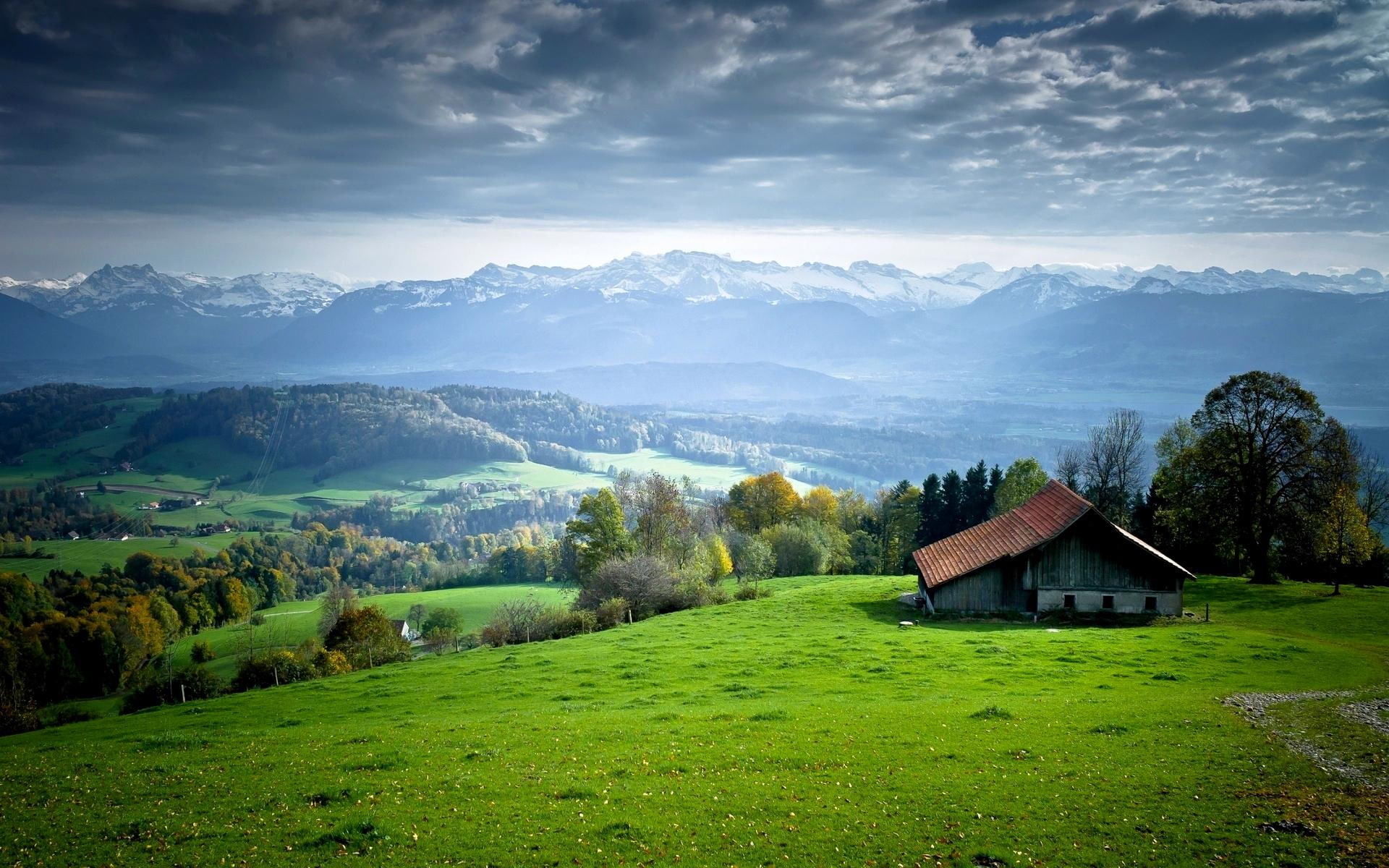 mountains, hills, house, forest, 1080P, prairie, trees, nature, little, meadow, landscape, valleys, meadows, grass, HD Wallpaper