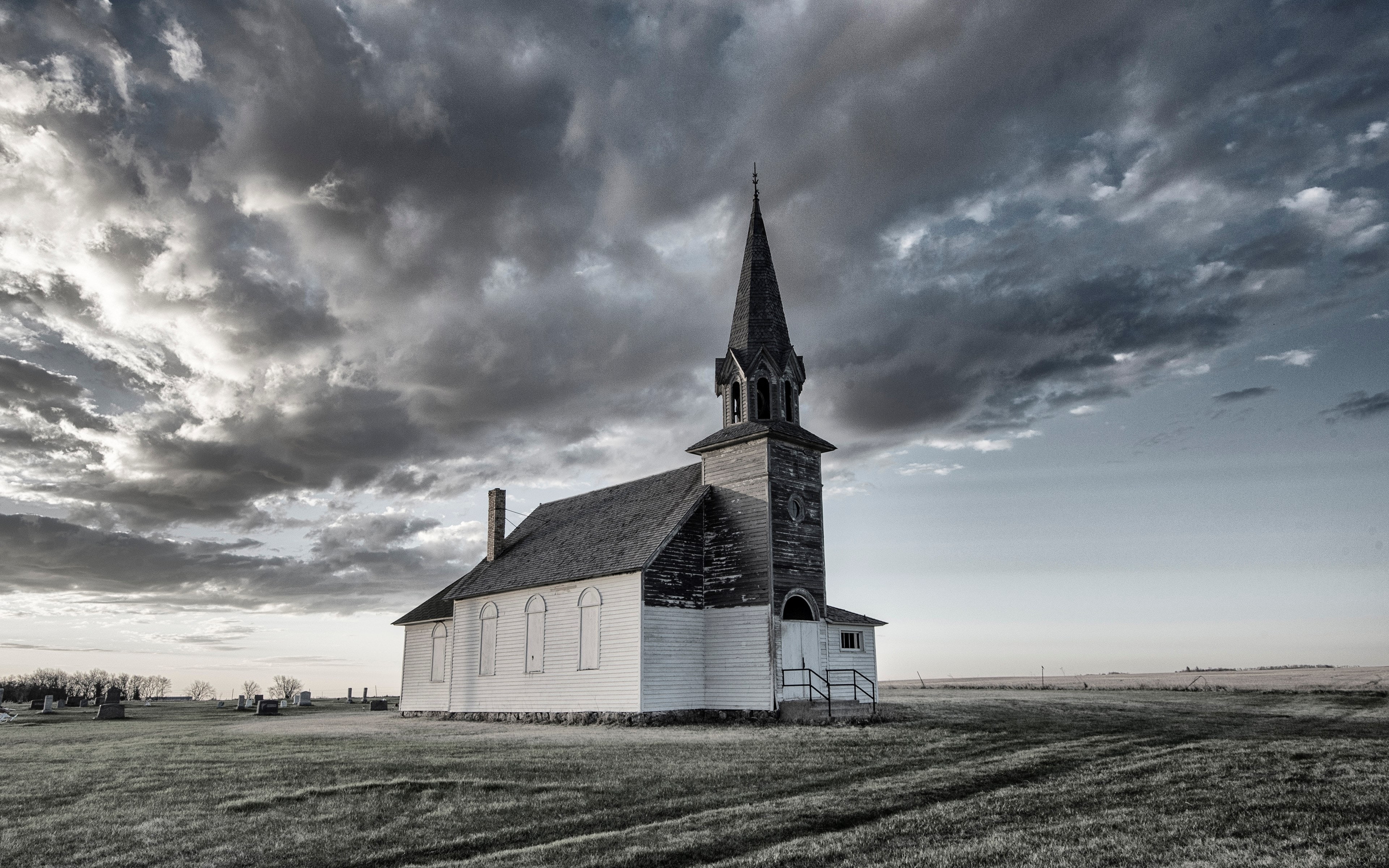 building, prairie, the past, architecture, sky, field, built structure, church 4k windows  for desktop, place of worship, spire, history, building exterior, HD Wallpaper