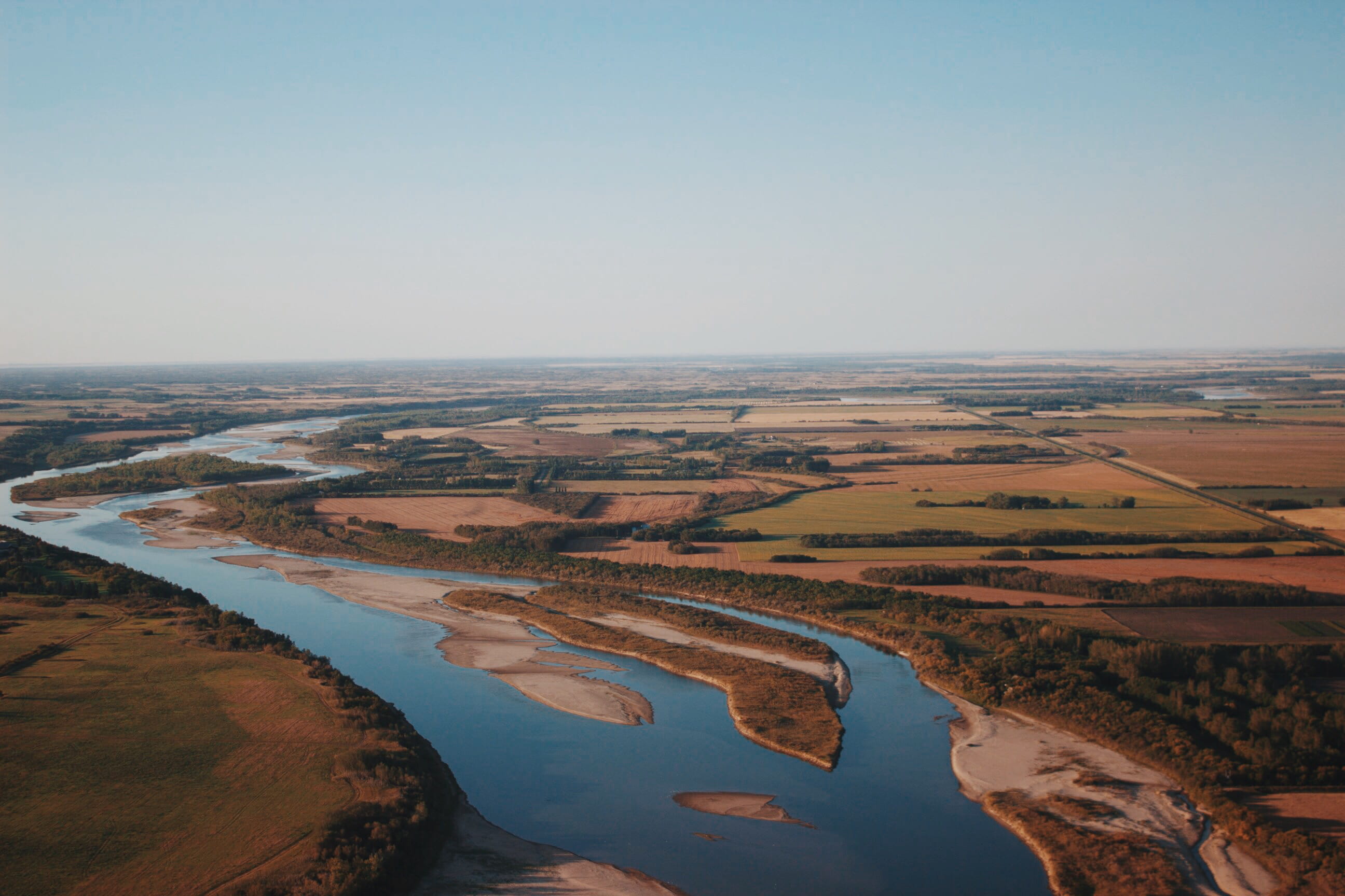 sky, nature, landscape, idyllic, water, canada, day, clear sky, 2K, landscape prairies river aerial view, climate, scenics - nature, tranquility, environment, HD Wallpaper