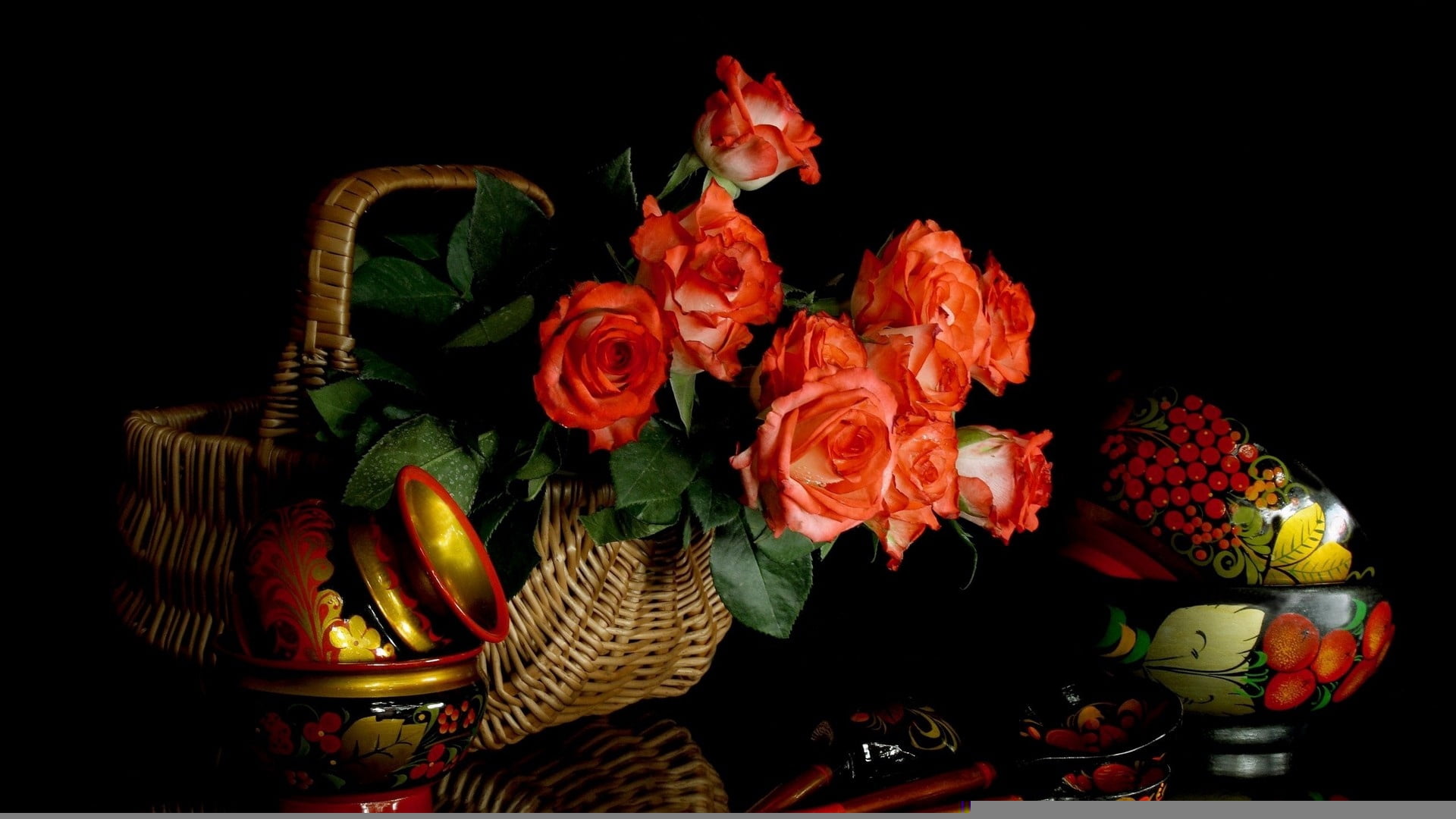 folk, plant, black Color, flower arrangement, fragility, roses, petal, vulnerability, ornate, black background, khokhloma, bunch of flowers, nature, flowers, HD Wallpaper